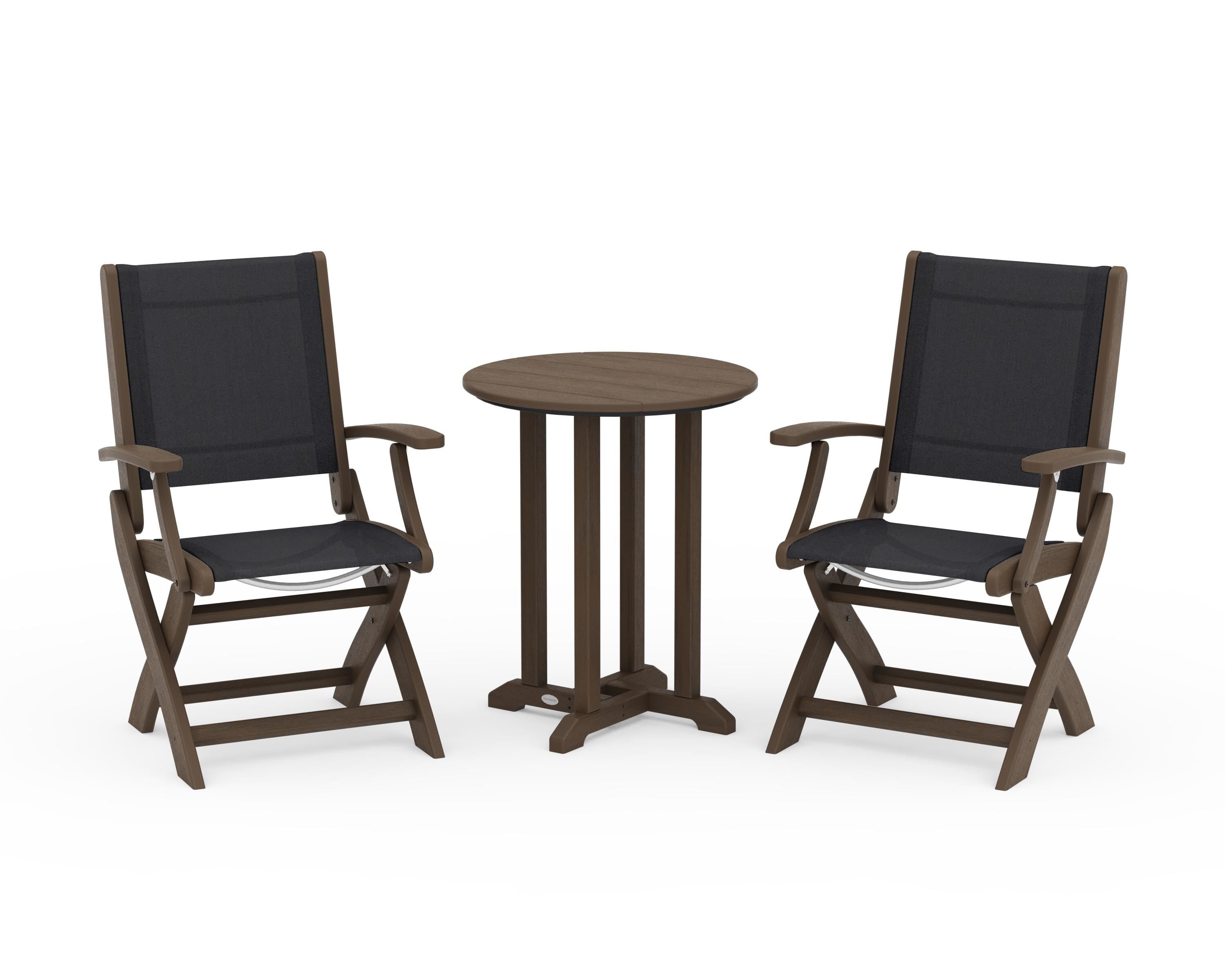 POLYWOOD Coastal Folding 3-Piece Round Bistro Dining Set in Kona / Black Sling