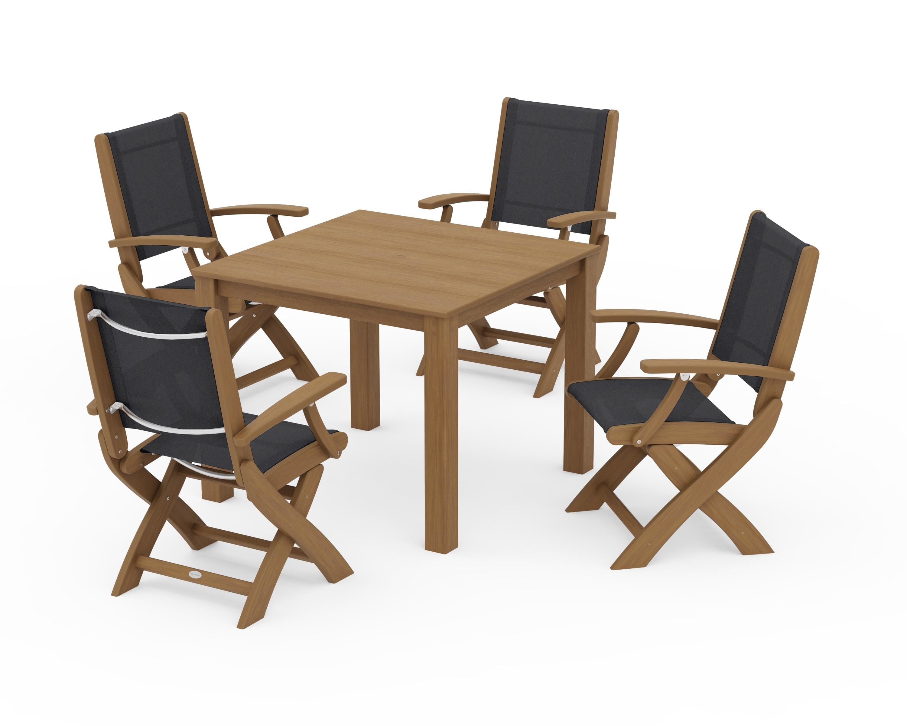 POLYWOOD Coastal Folding Chair 5-Piece Parsons Dining Set in Natural / Black Sling