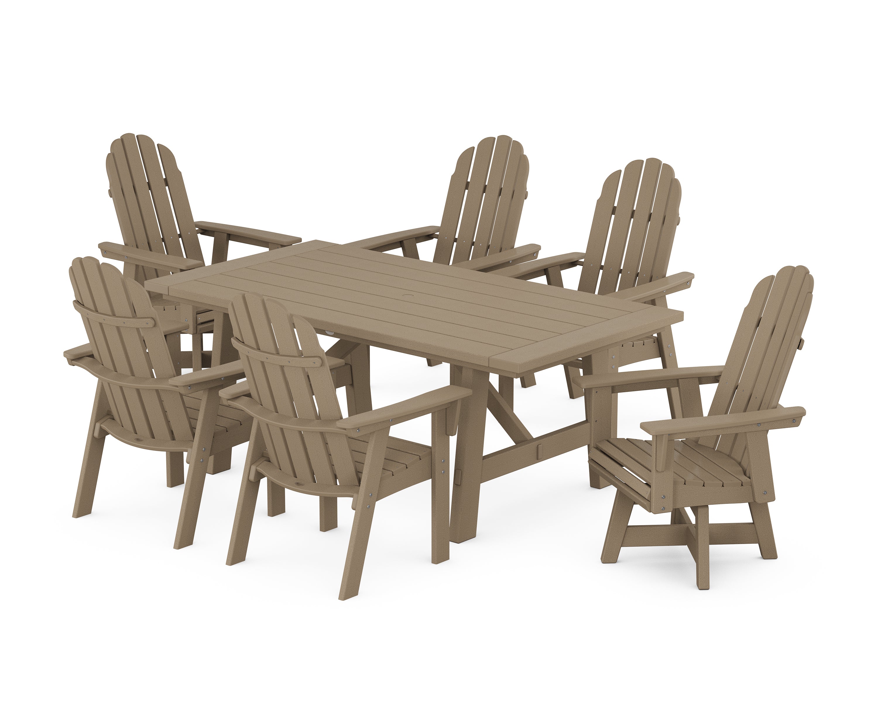 POLYWOOD® Vineyard Curveback Adirondack Swivel Chair 7-Piece Rustic Farmhouse Dining Set in Vintage Sahara