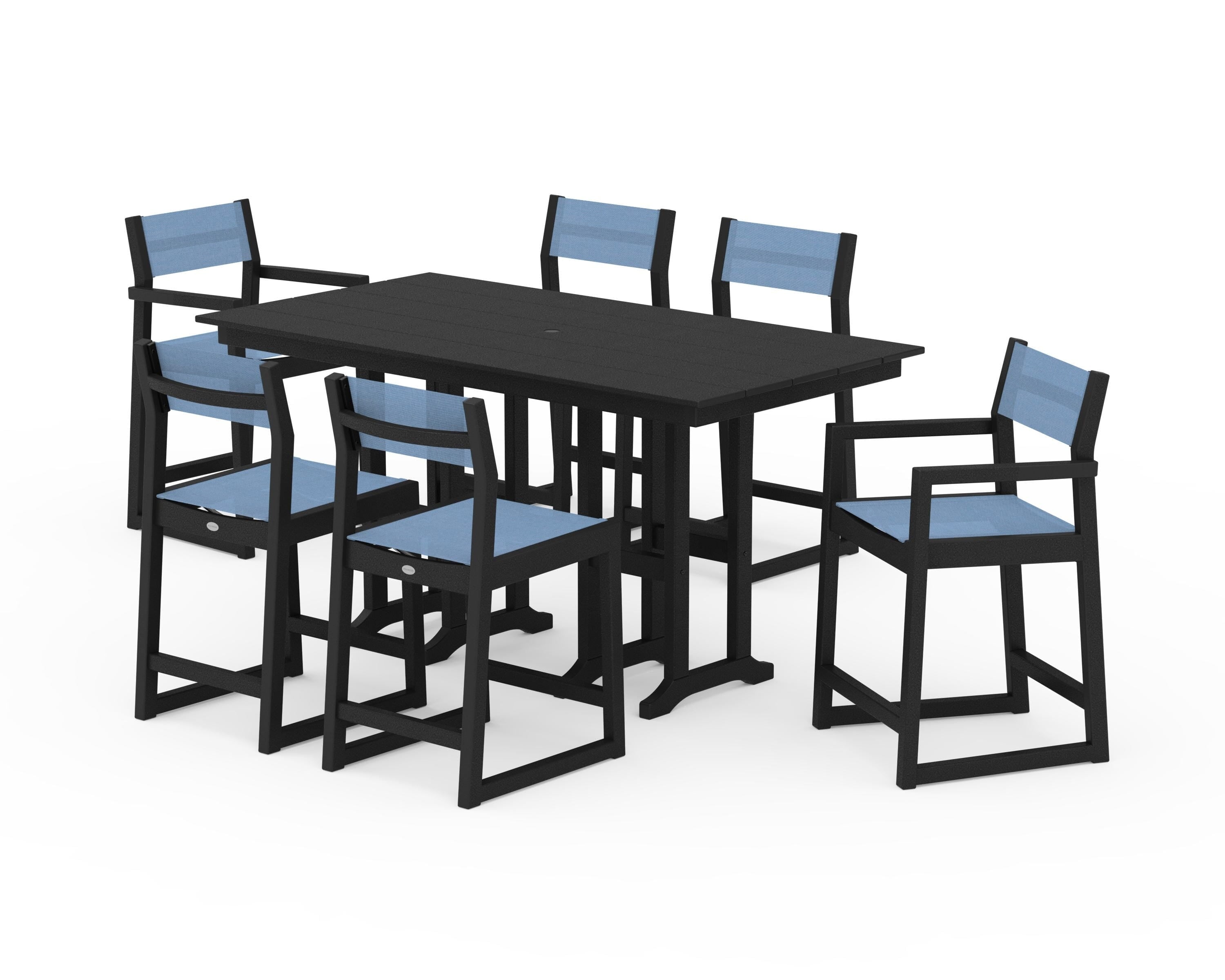 POLYWOOD EDGE Sling 7-Piece Farmhouse Counter Set with Trestle Legs in Black / Poolside Sling