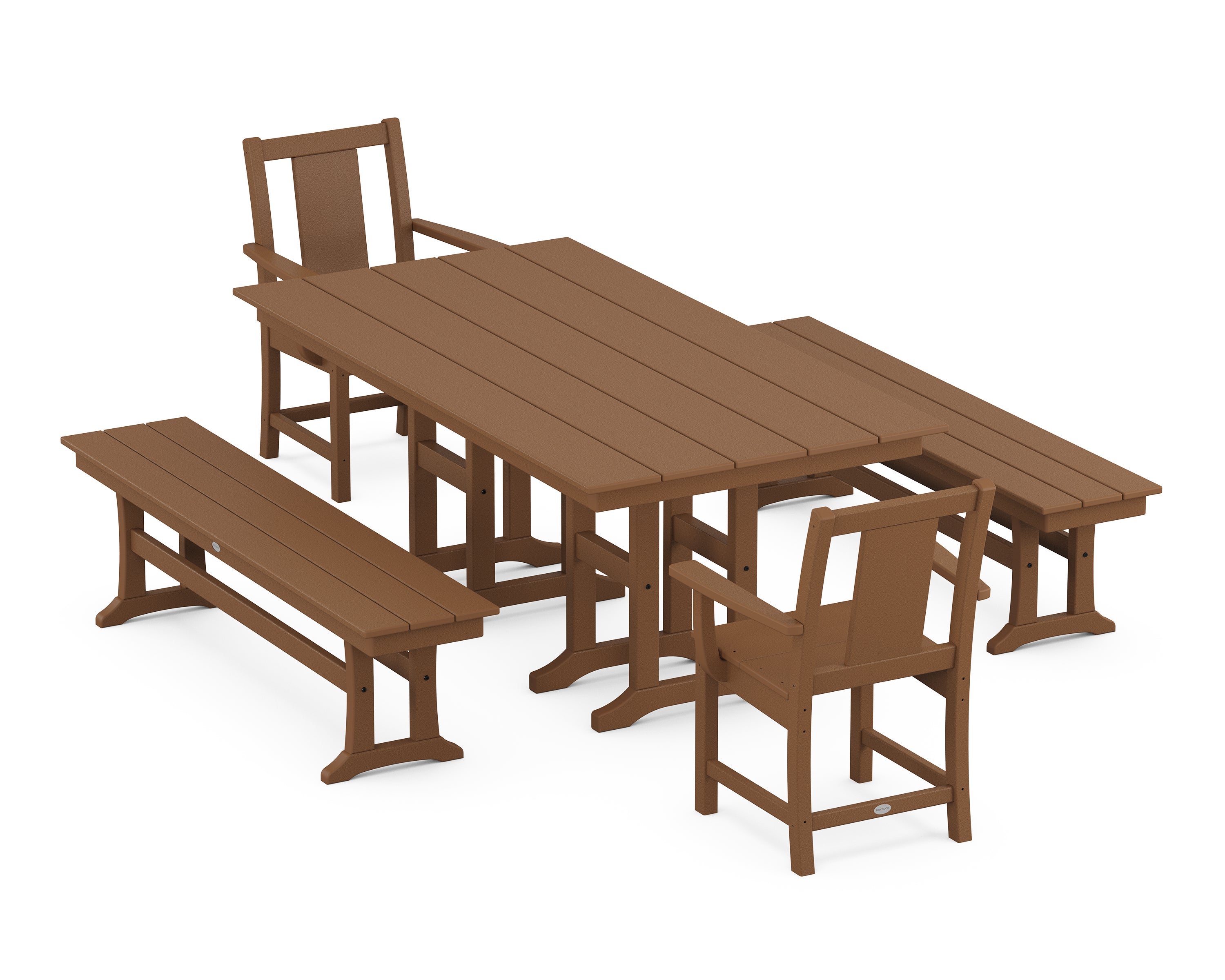 POLYWOOD® Prairie 5-Piece Farmhouse Dining Set with Benches in Teak