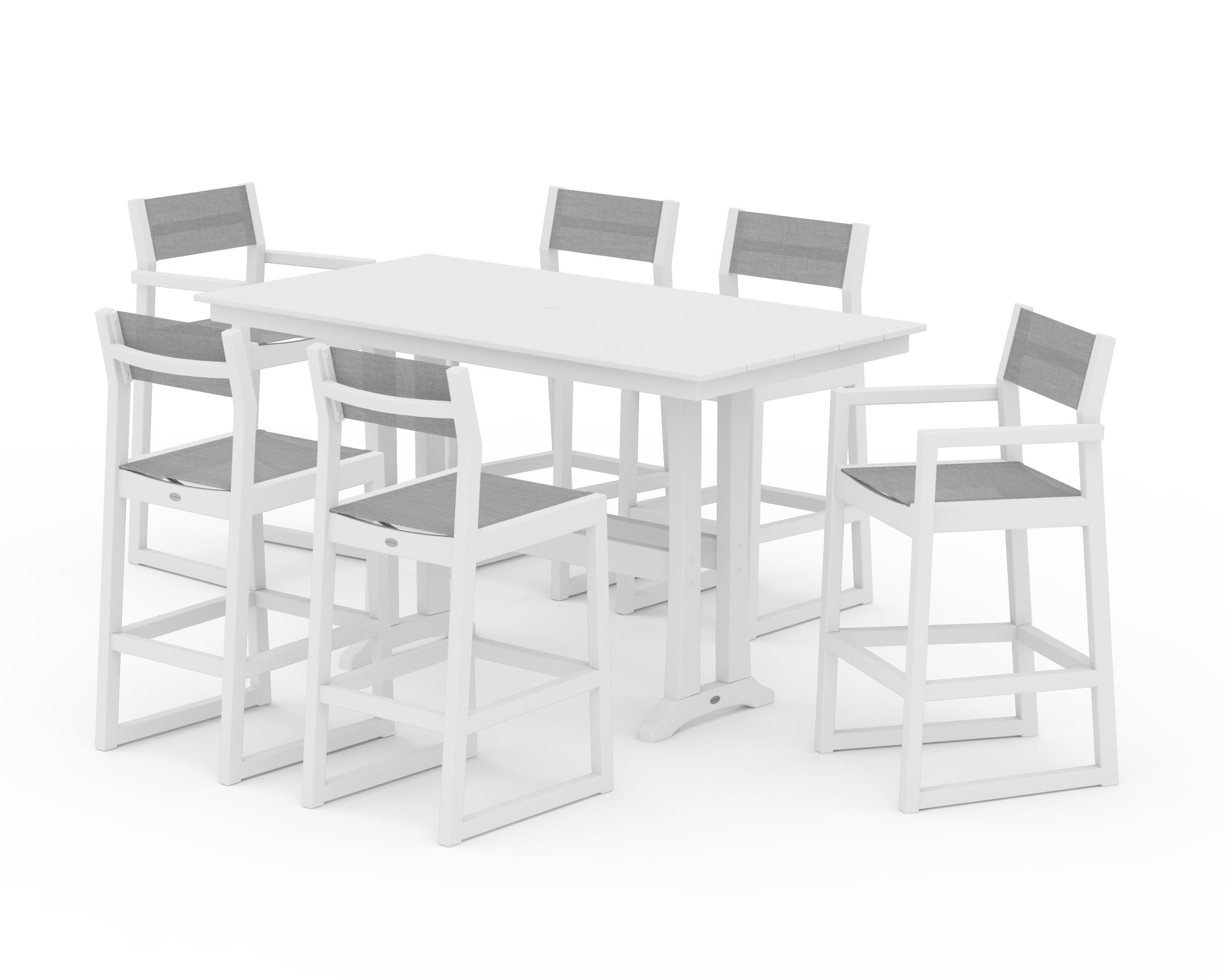 POLYWOOD EDGE Sling 7-Piece Farmhouse Bar Set with Trestle Legs in White / Metallic Sling