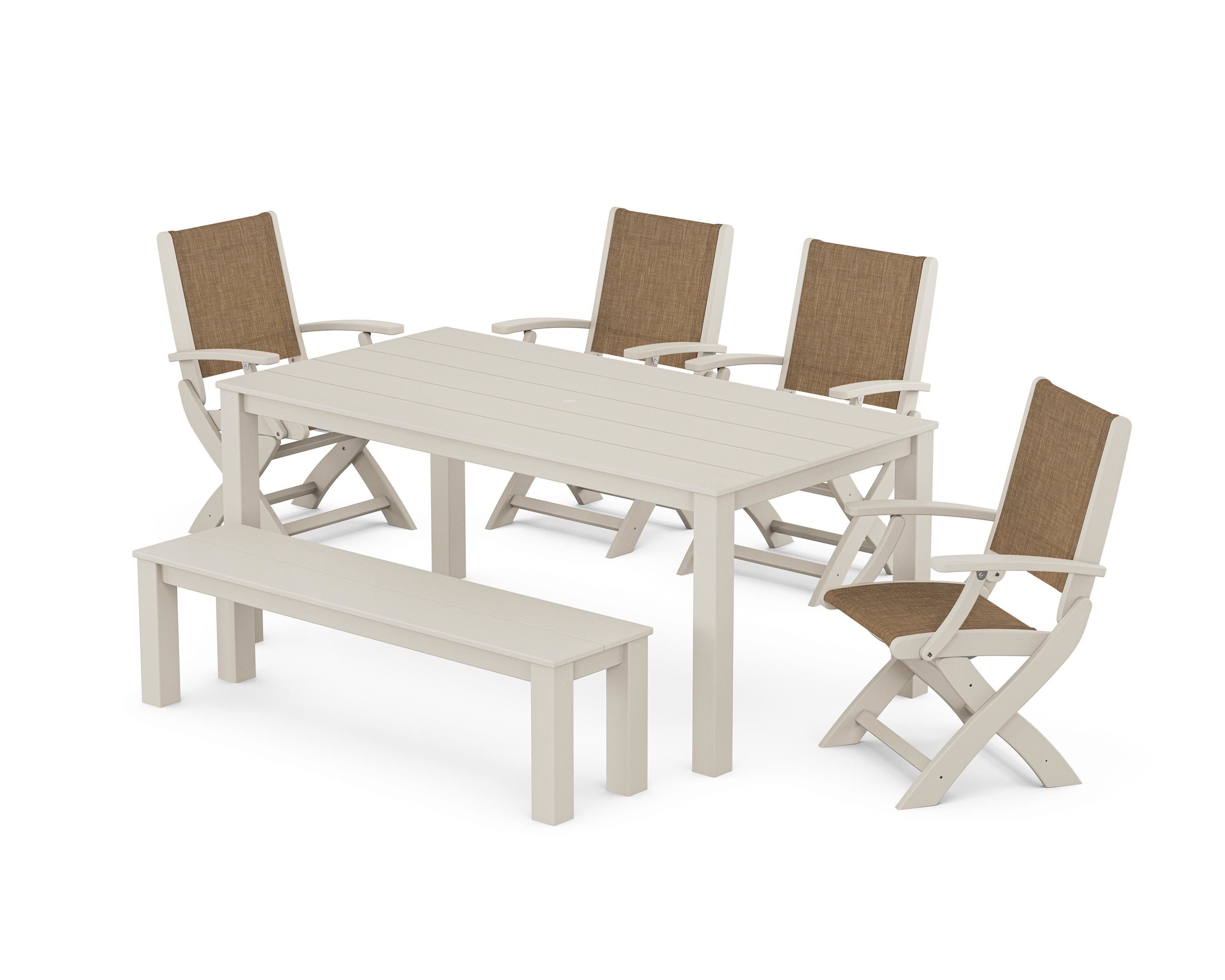 POLYWOOD Coastal Folding Chair 6-Piece Parsons Dining Set with Bench in Sand / Burlap Sling