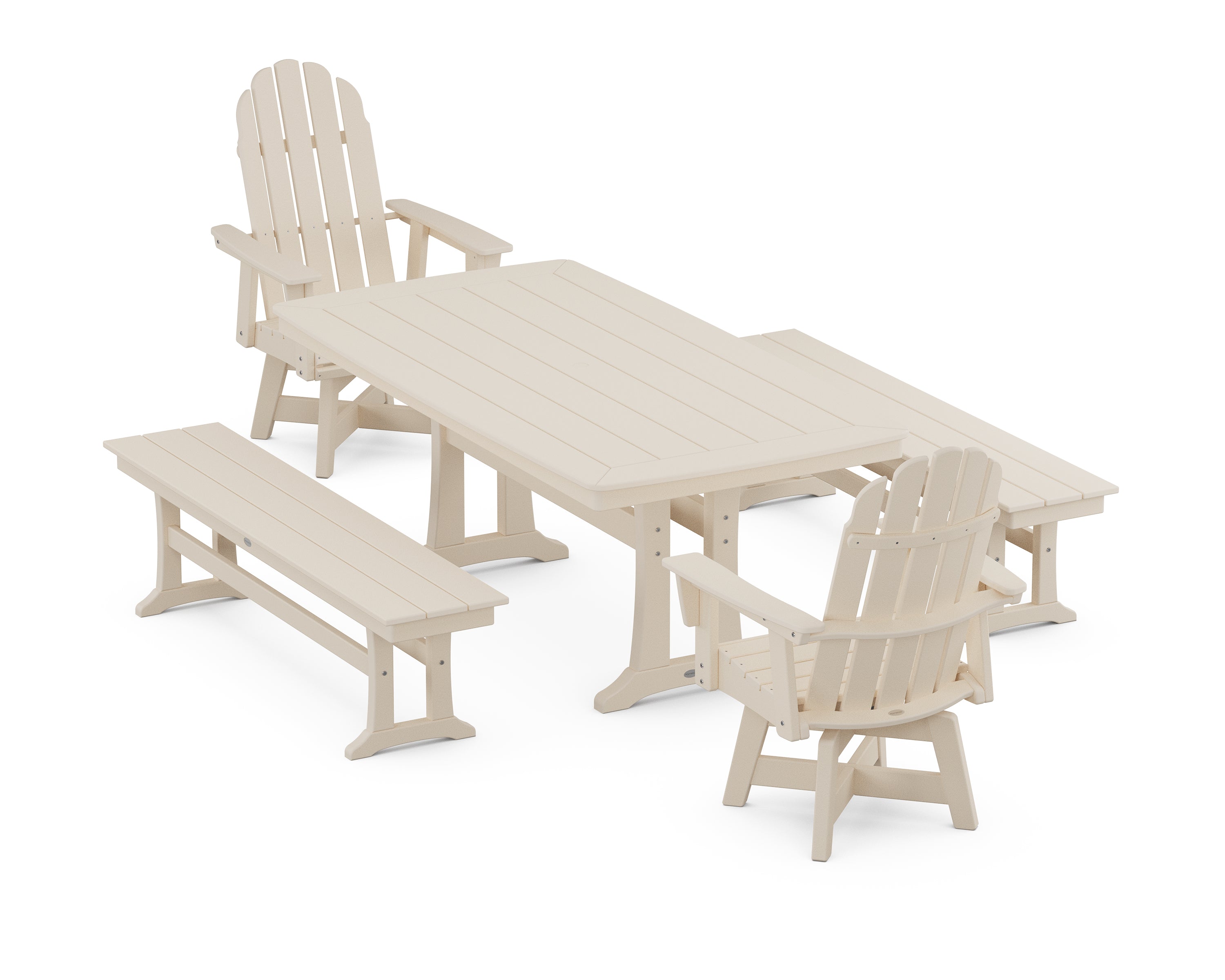 POLYWOOD® Vineyard Adirondack Swivel Chair 5-Piece Dining Set with Trestle Legs and Benches in Sand