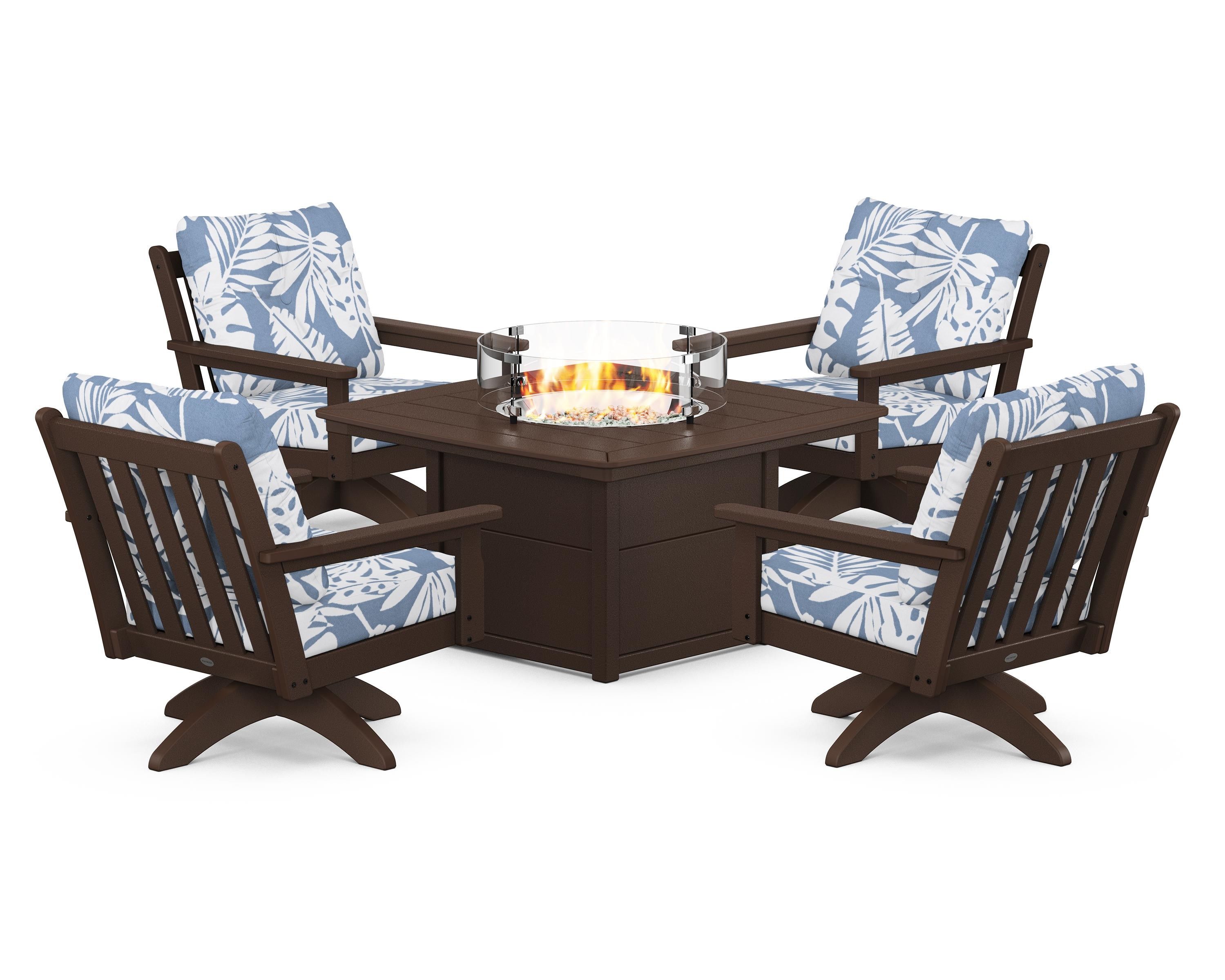 POLYWOOD Vineyard 5-Piece Deep Seating Swivel Conversation Set with Fire Pit Table in Mahogany / Leaf Sky Blue