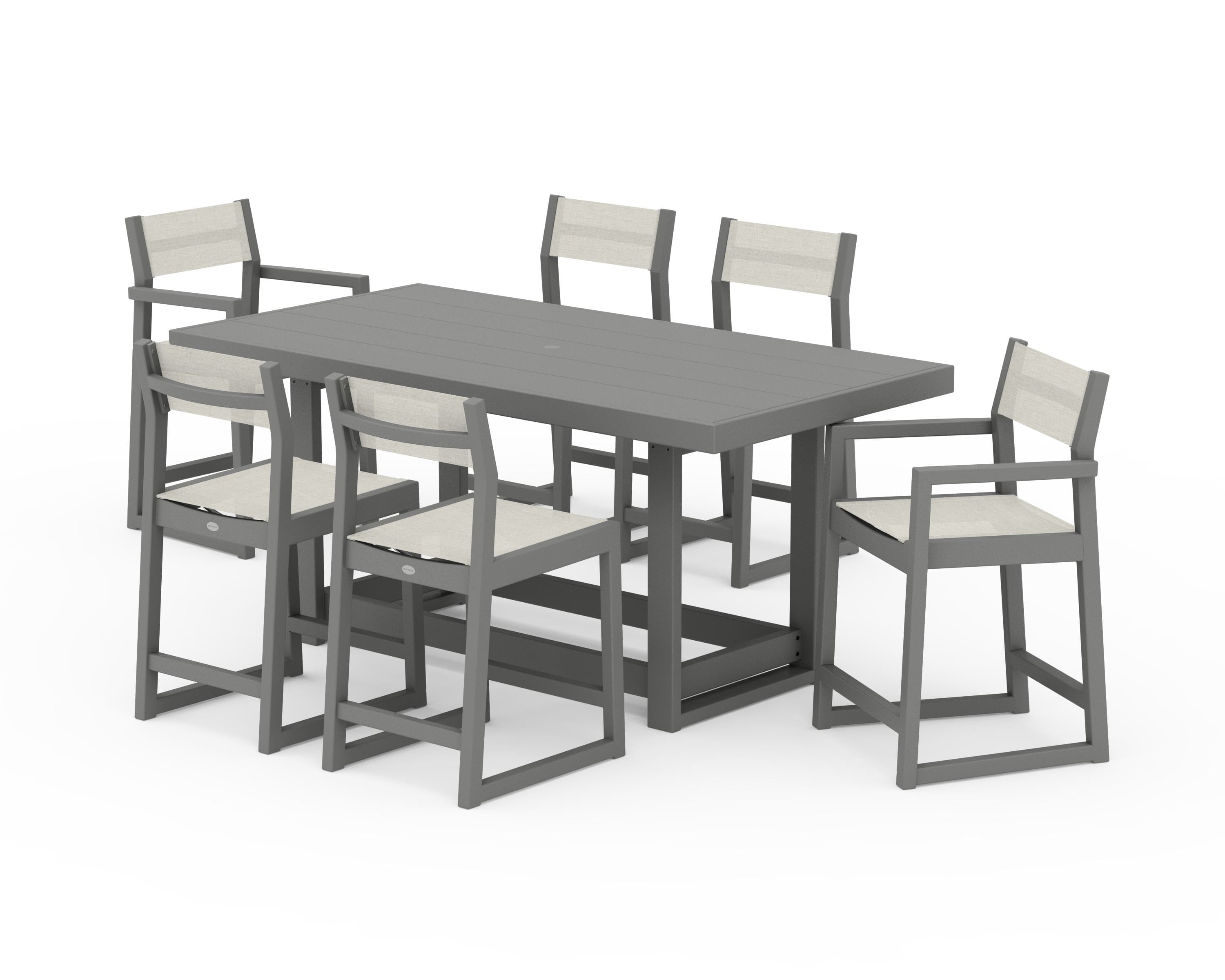 POLYWOOD EDGE Sling 7-Piece Counter Table Set in Slate Grey / Parchment Sling
