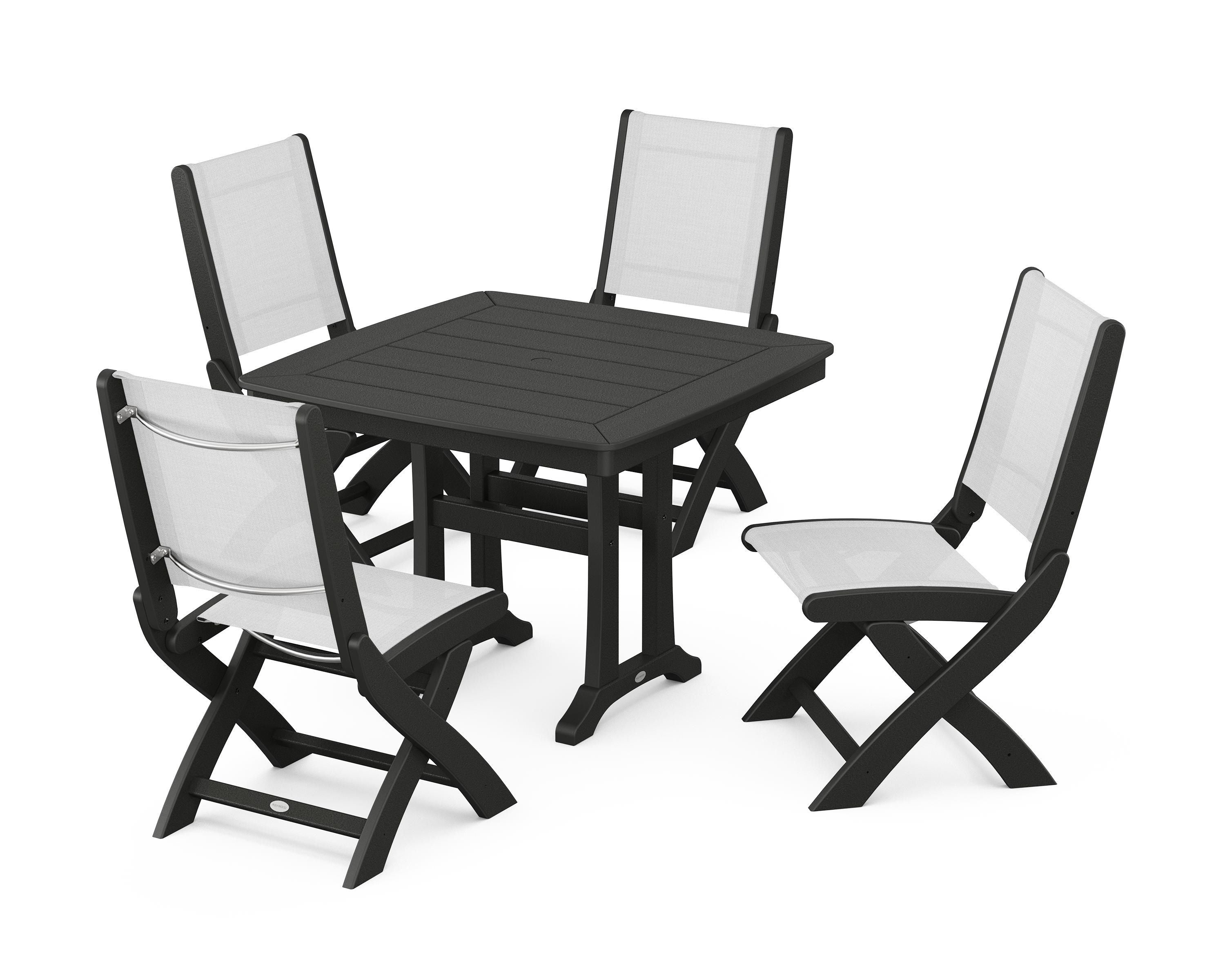POLYWOOD Coastal Folding Side Chair 5-Piece Dining Set with Trestle Legs in Black / White Sling