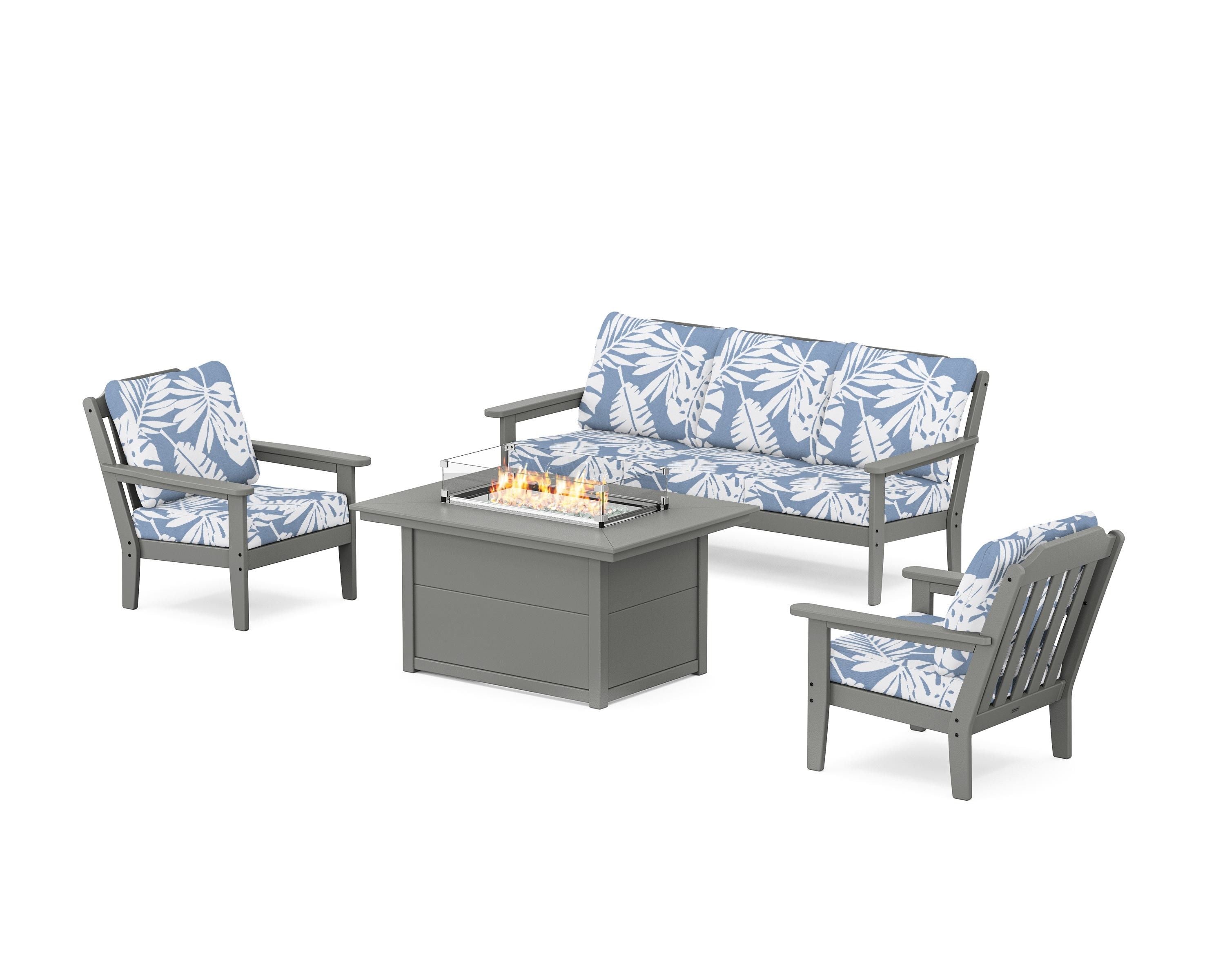 Country Living Cottage Deep Seating Fire Pit Table Set in Slate Grey / Leaf Sky Blue