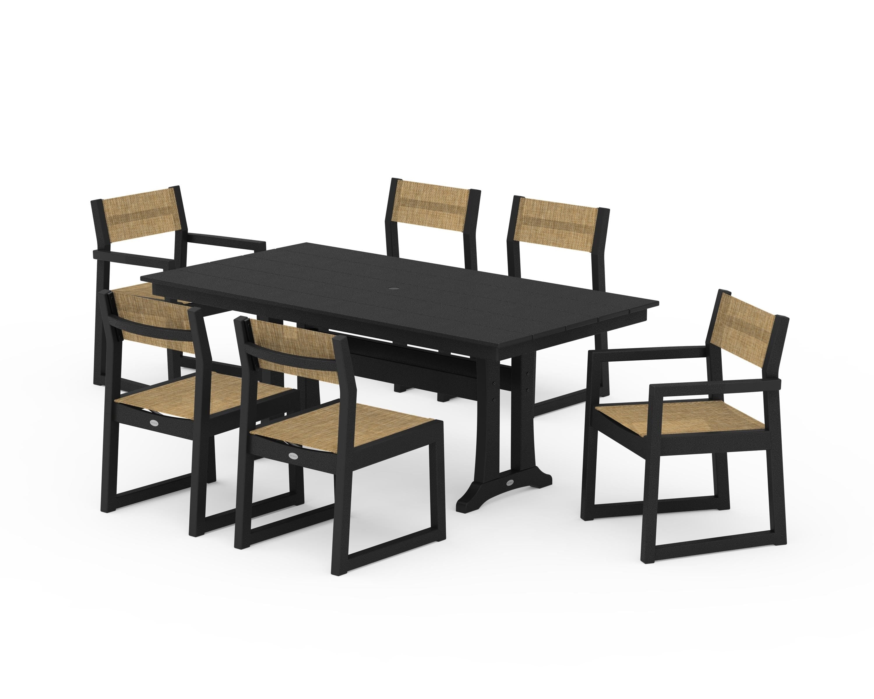 POLYWOOD EDGE Sling 7-Piece Farmhouse Trestle Dining Set in Black / Burlap Sling