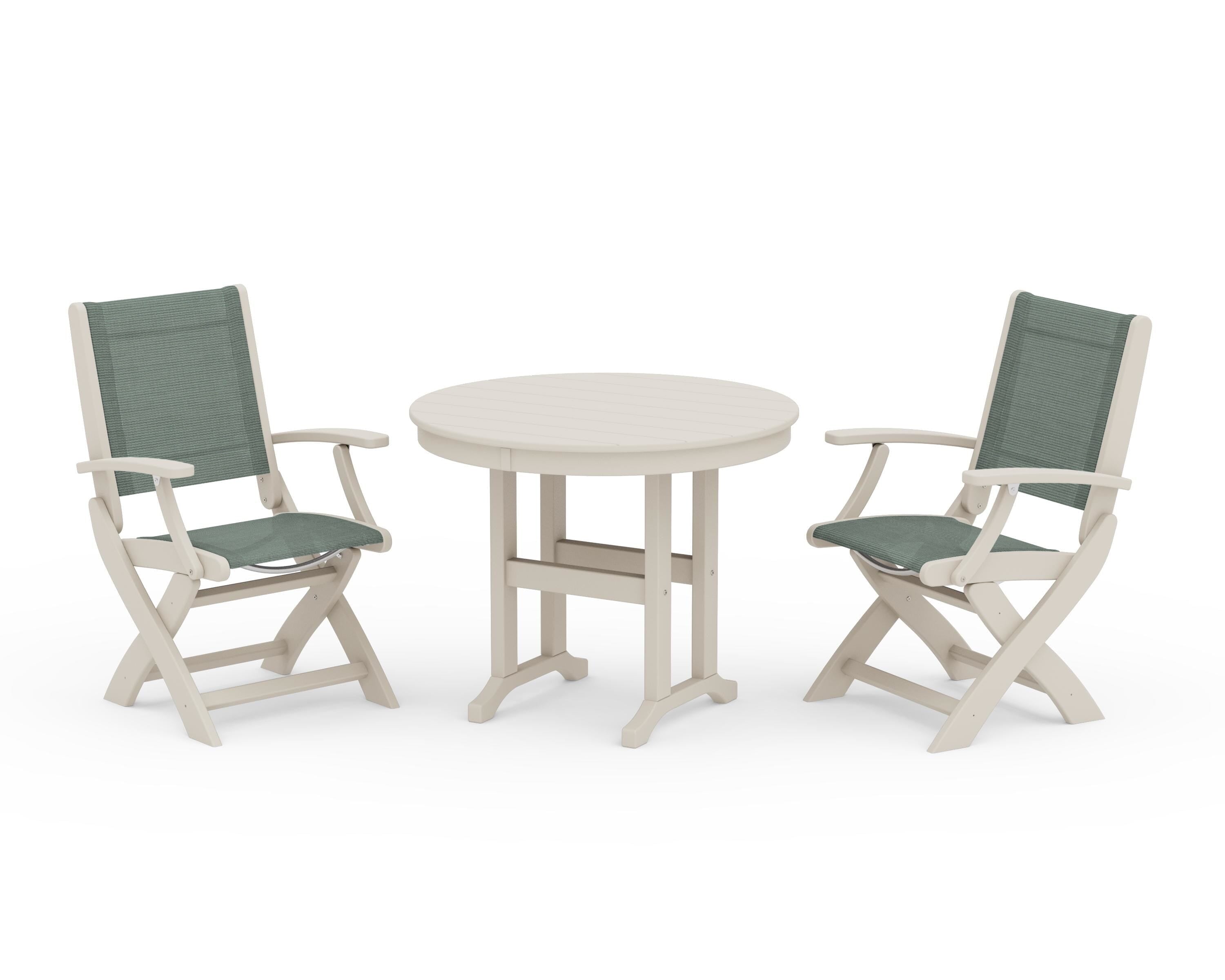 POLYWOOD Coastal Folding Chair 3-Piece Round Dining Set in Sand / Dupioni Sea Mist Sling