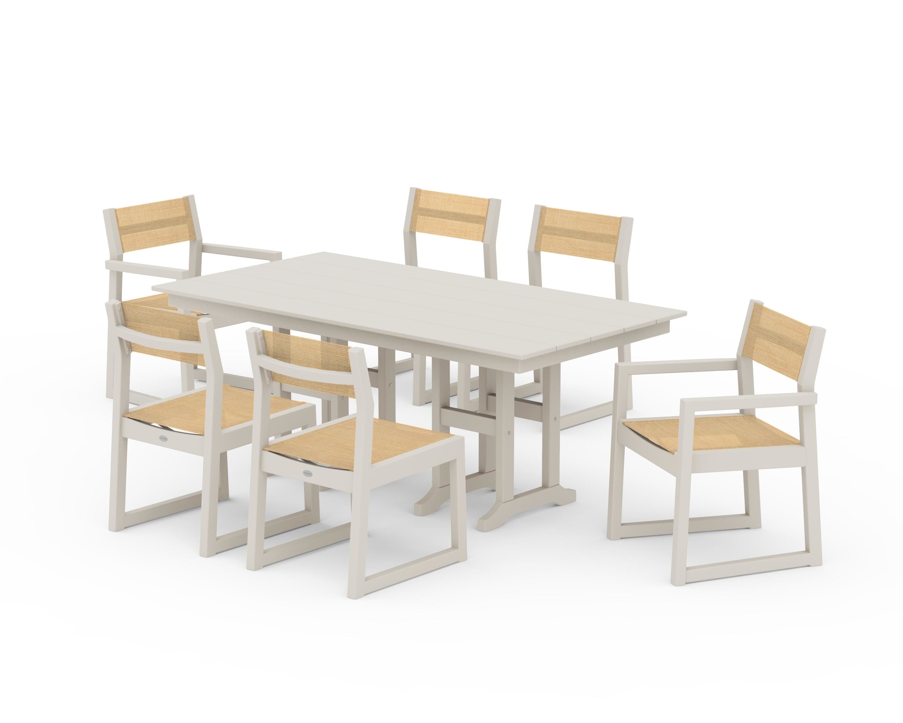 POLYWOOD EDGE Sling 7-Piece Farmhouse Dining Set in Sand / Dupioni Apricot Sling