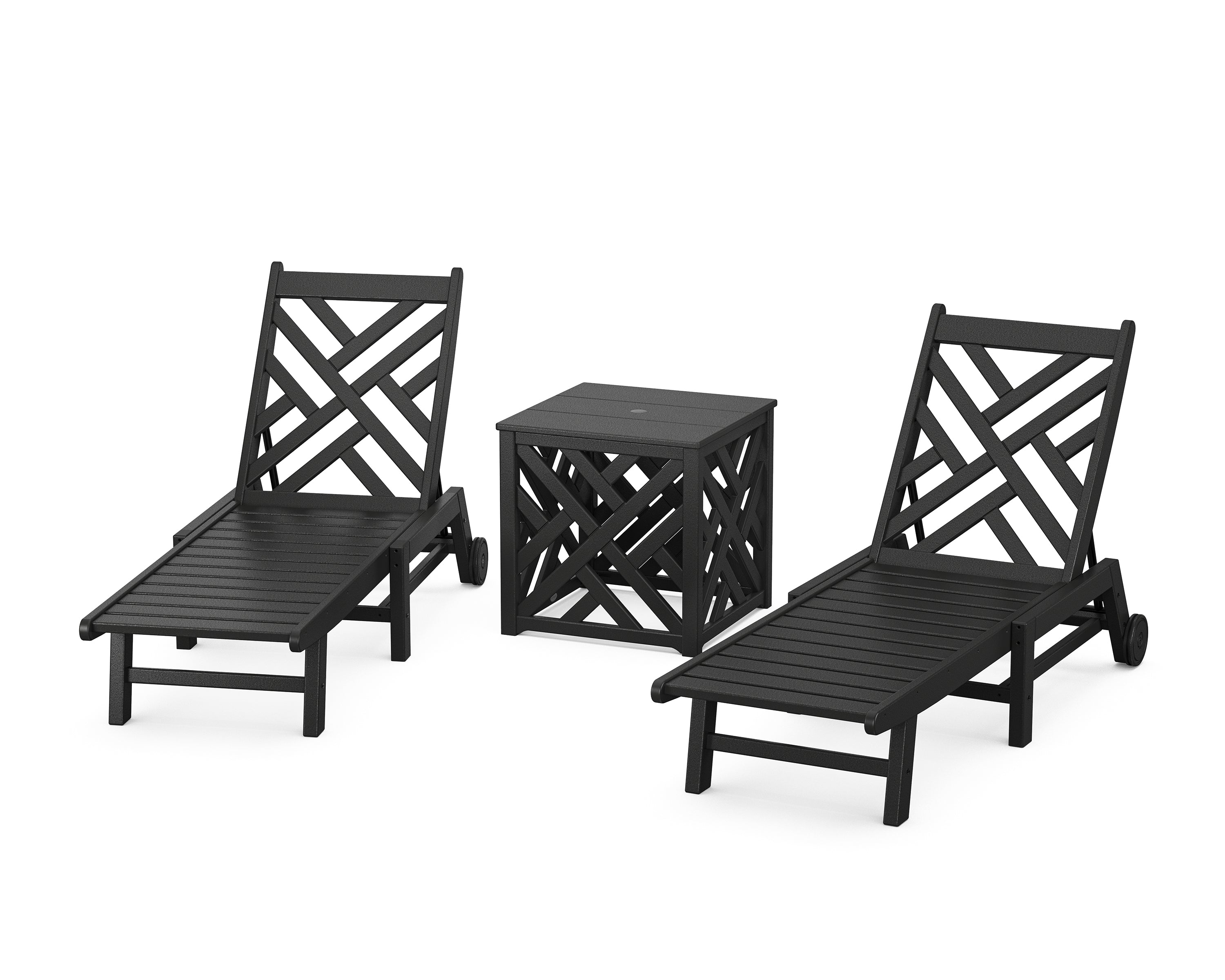 POLYWOOD Chippendale 3-Piece Chaise Set with Wheels and Umbrella Stand Accent Table in Black