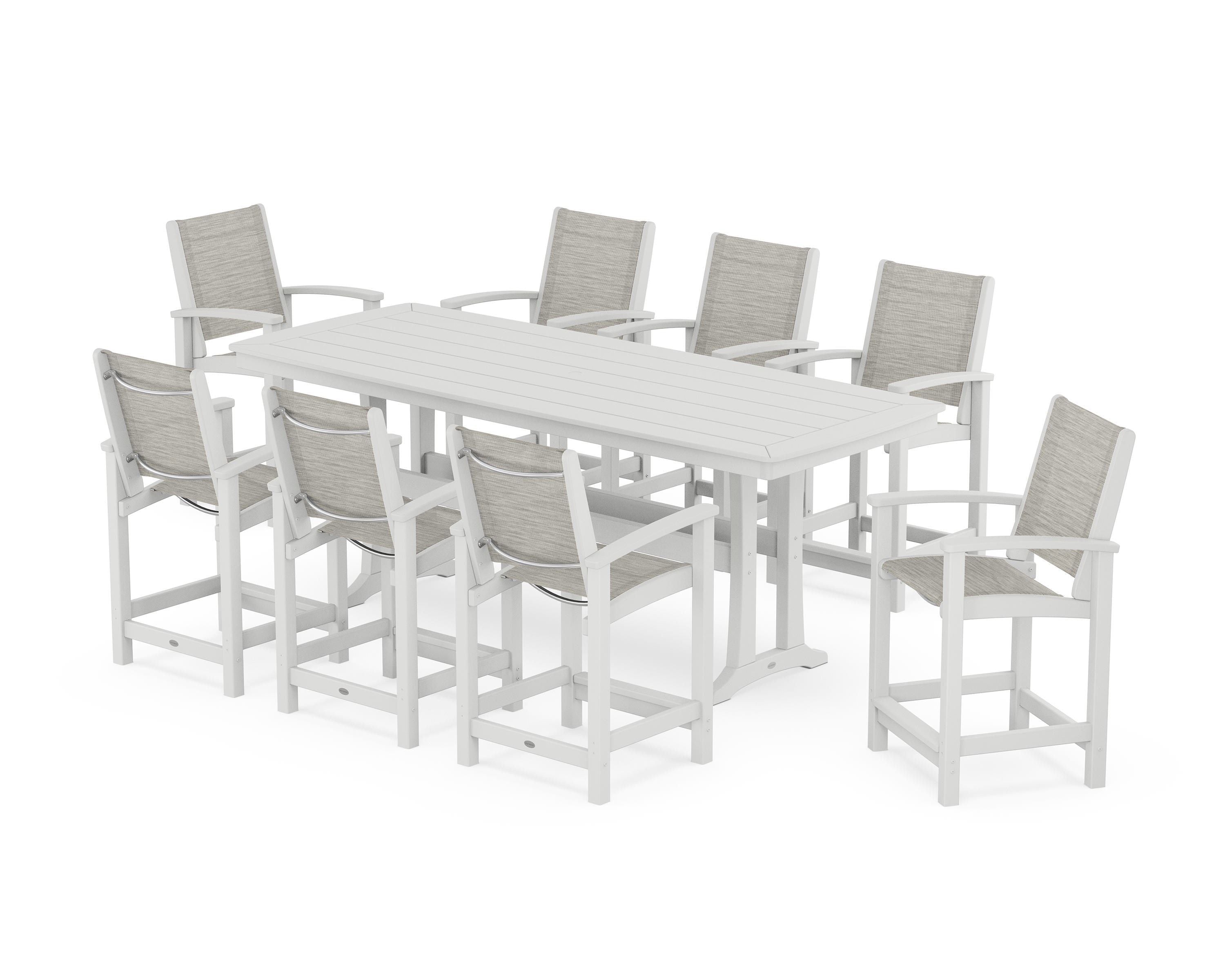 POLYWOOD Coastal 9-Piece Counter Set with Trestle Legs in White / Birch Sling