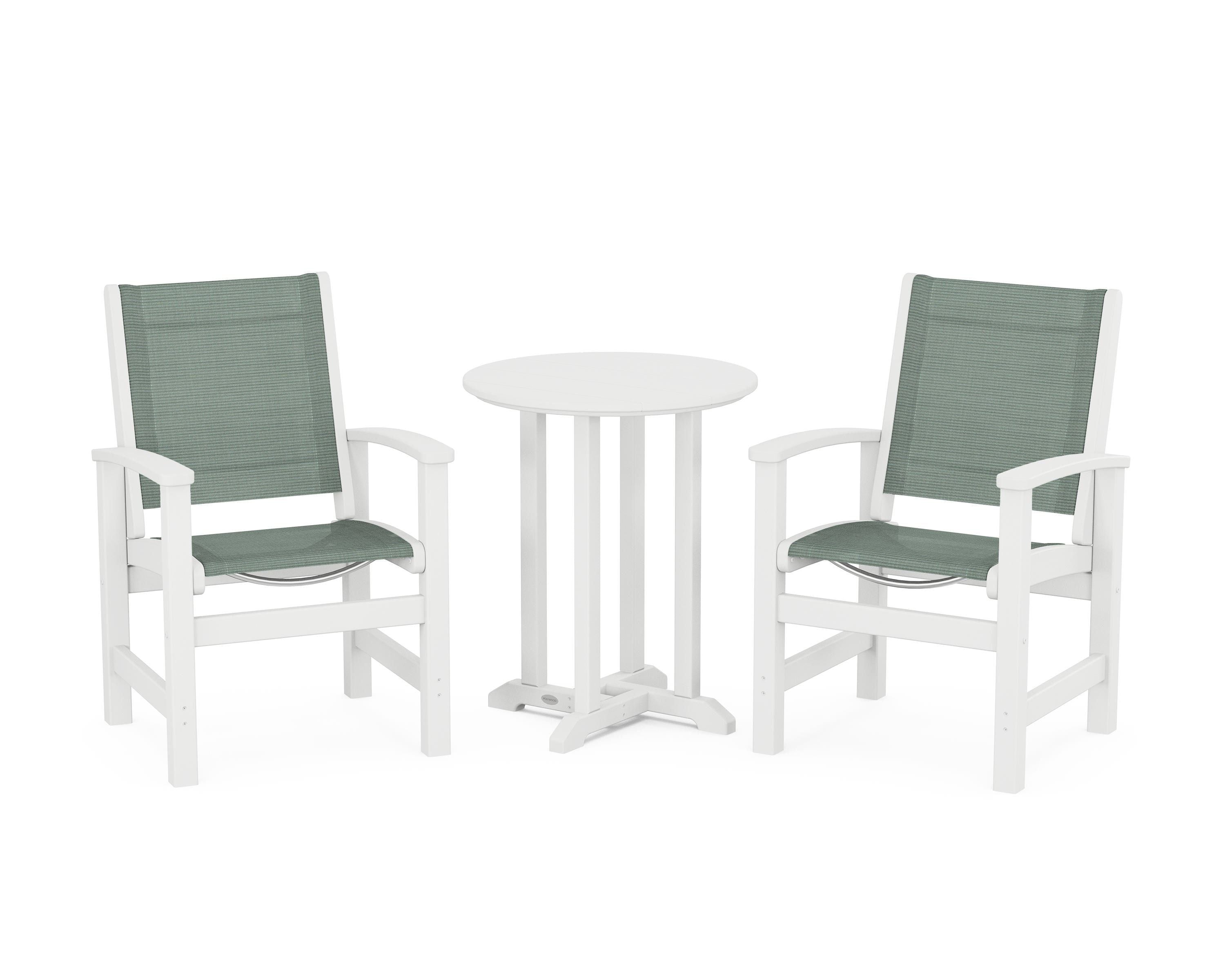 POLYWOOD Coastal 3-Piece Round Bistro Dining Set in White / Dupioni Sea Mist Sling