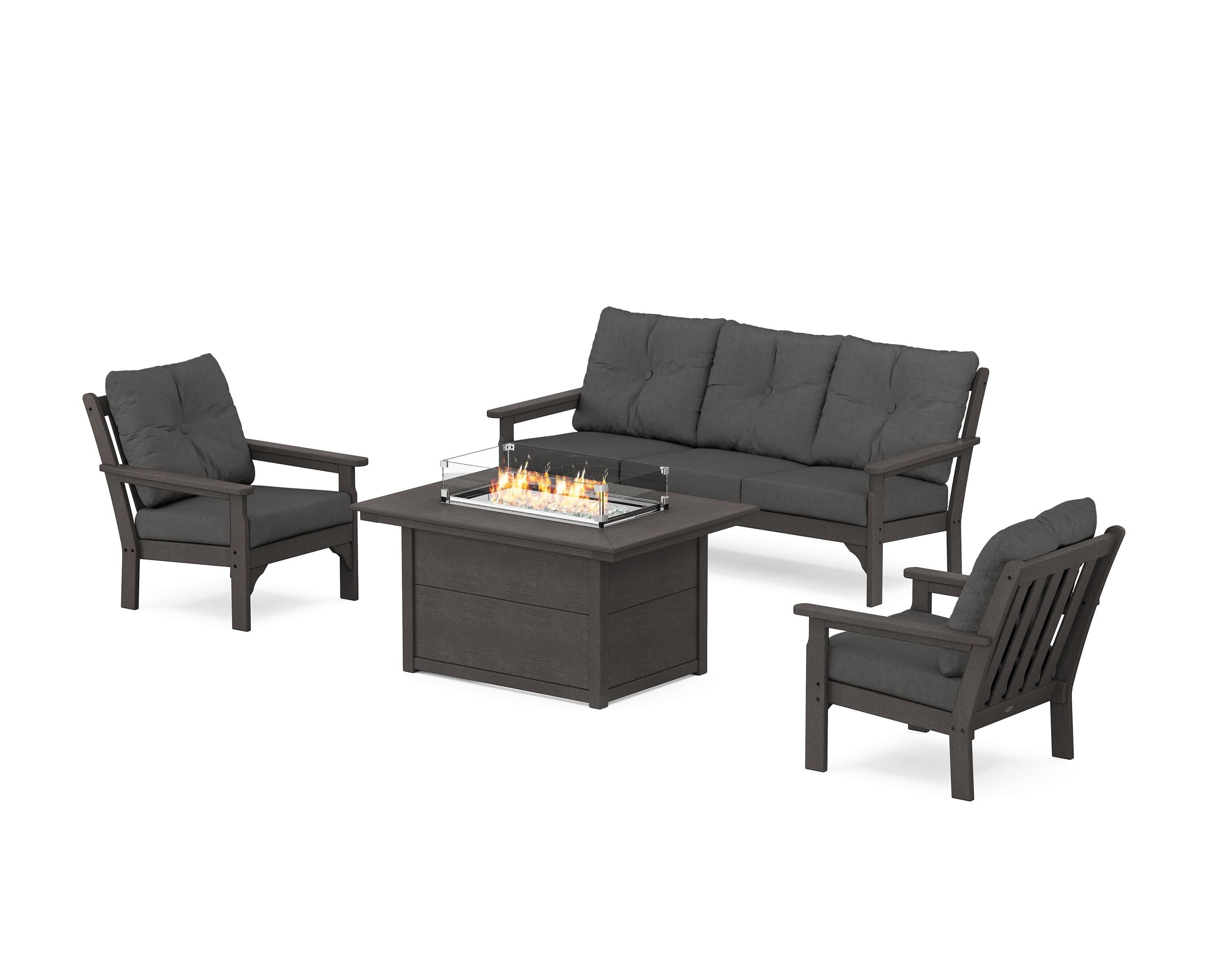 POLYWOOD Vineyard Deep Seating Fire Pit Table Set in Vintage Coffee / Spectrum Carbon
