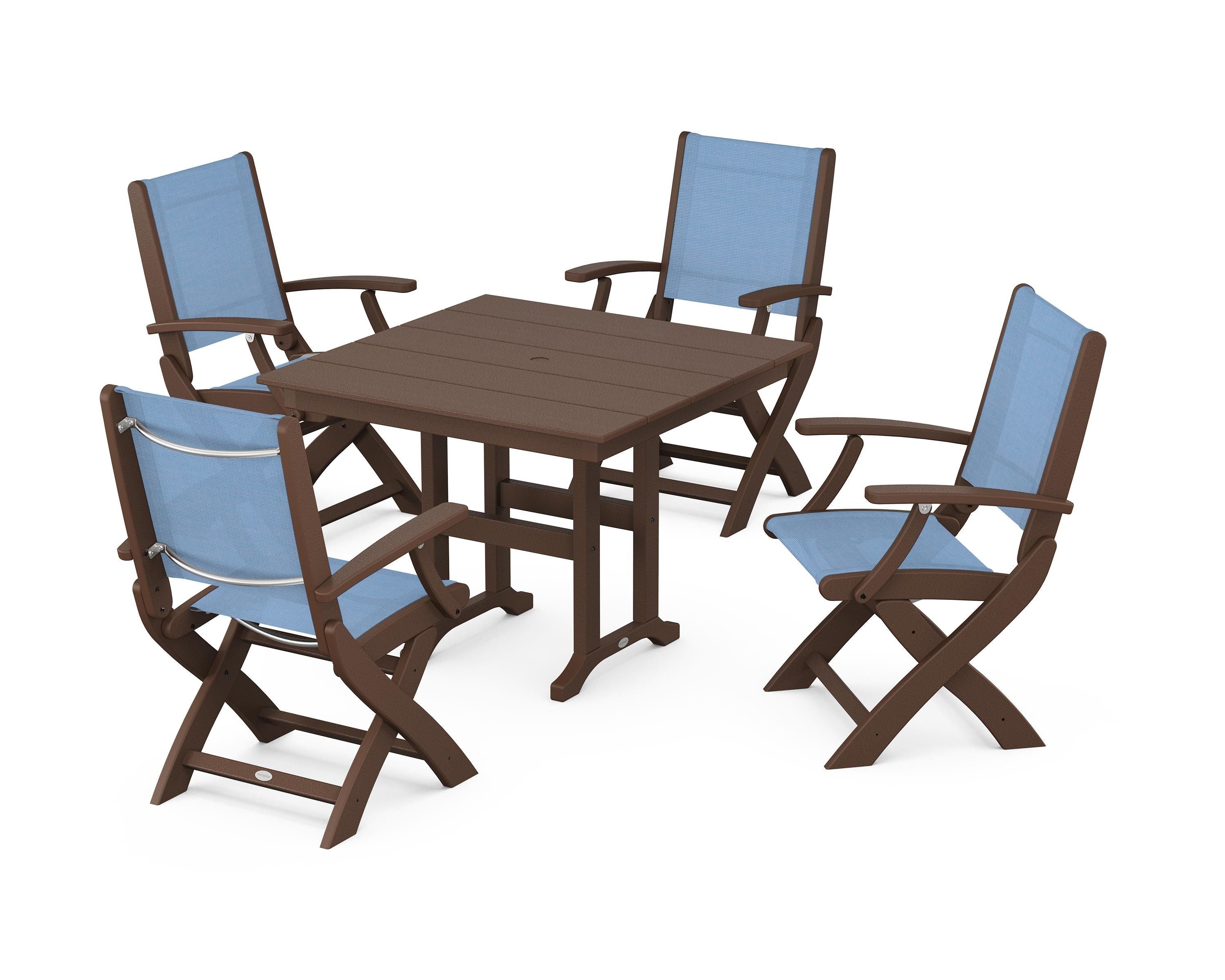 POLYWOOD Coastal Folding Chair 5-Piece Farmhouse Dining Set in Mahogany / Poolside Sling