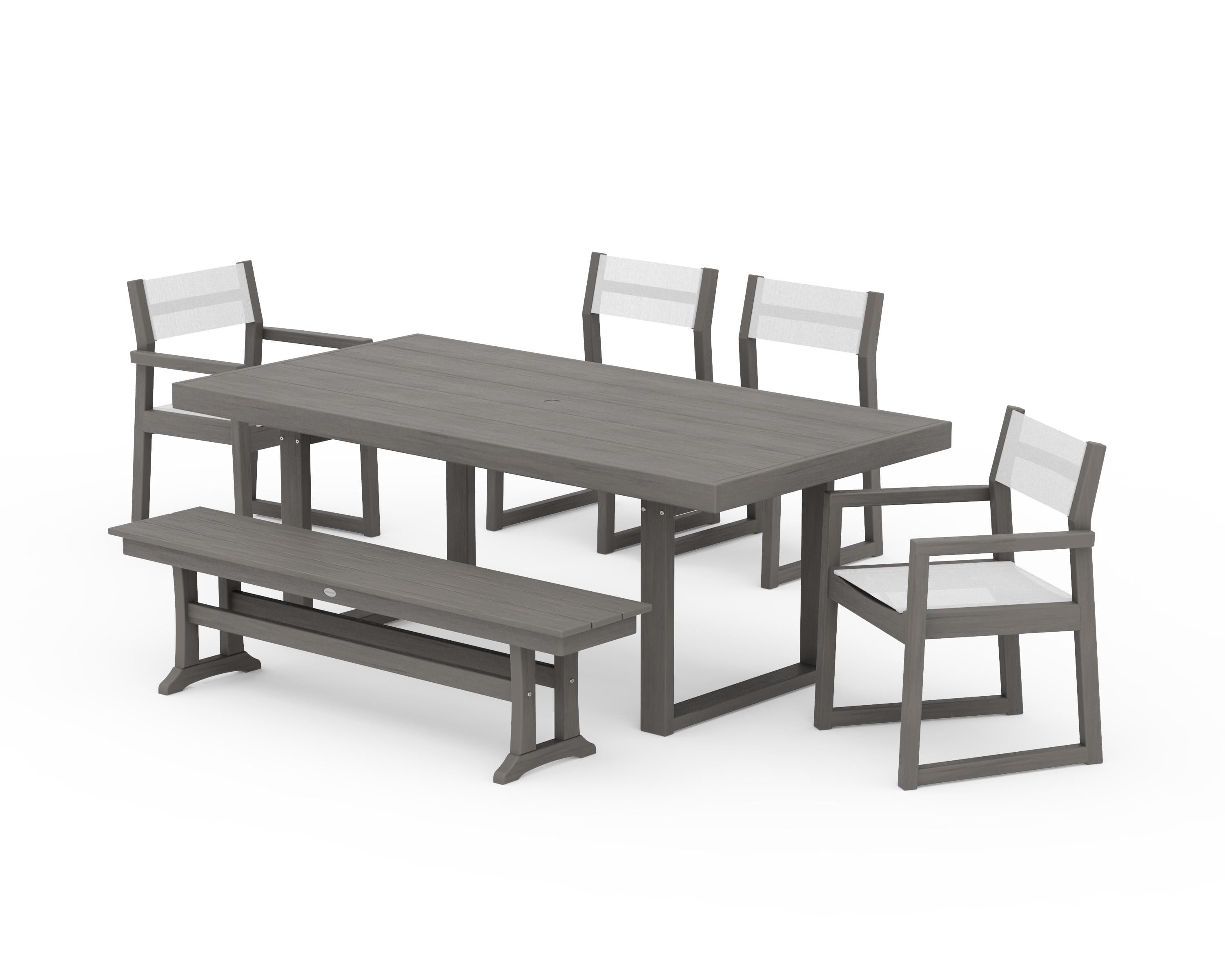 POLYWOOD EDGE Sling 6-Piece Dining Set with Bench in Driftwood / White Sling