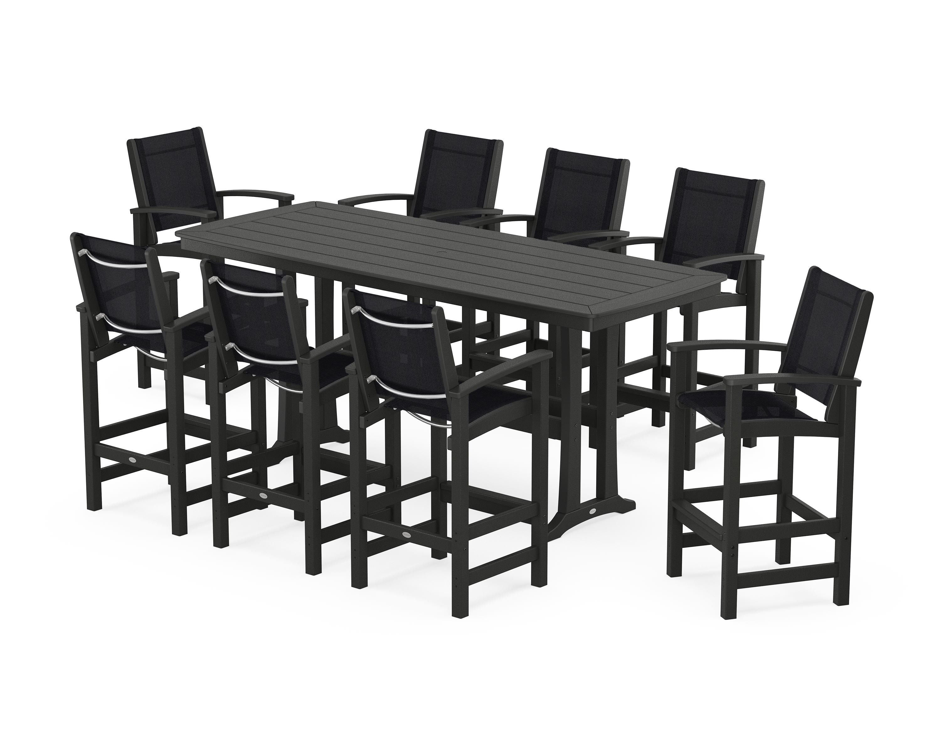 POLYWOOD Coastal 9-Piece Bar Set with Trestle Legs in Black / Black Sling