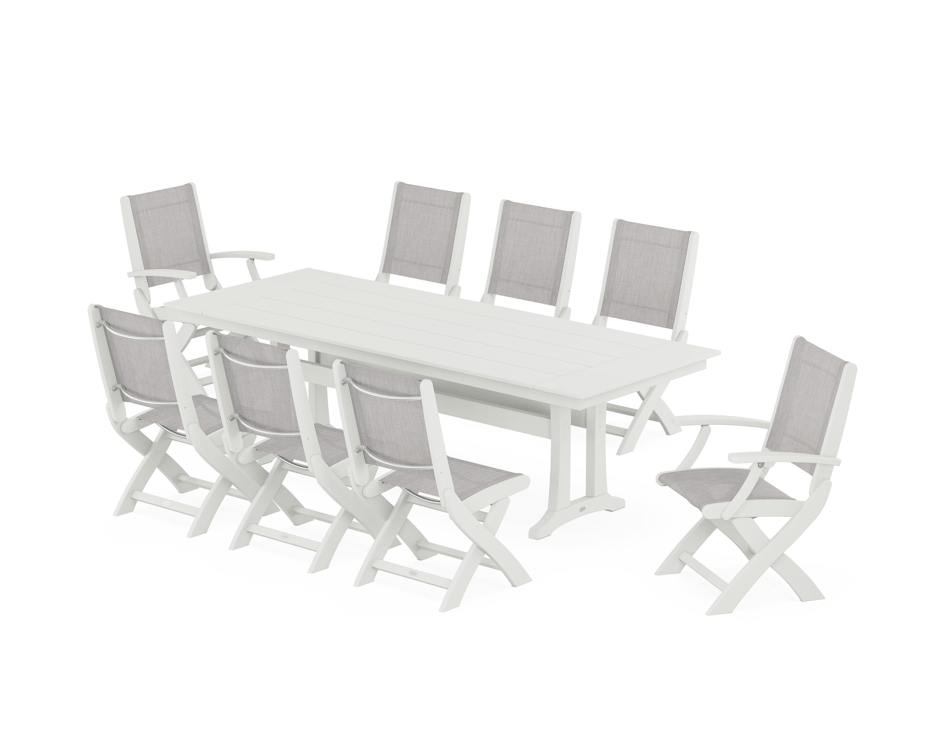 POLYWOOD Coastal 9-Piece Folding Dining Chair Farmhouse Dining Set with Trestle Legs in Vintage White / Parchment Sling