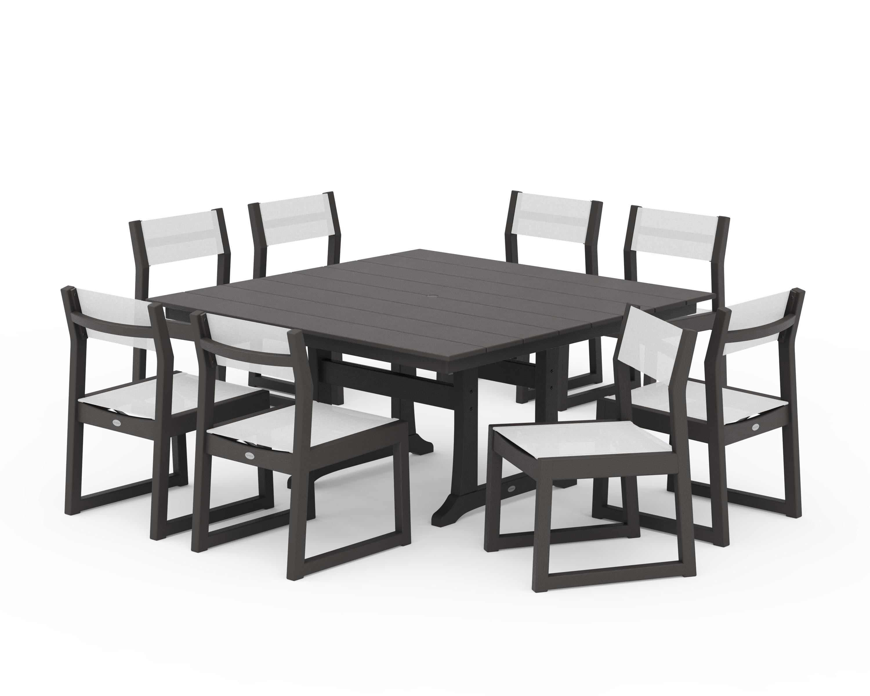 POLYWOOD EDGE Sling Side Chair 9-Piece Farmhouse Trestle Dining Set in Vintage Coffee / White Sling