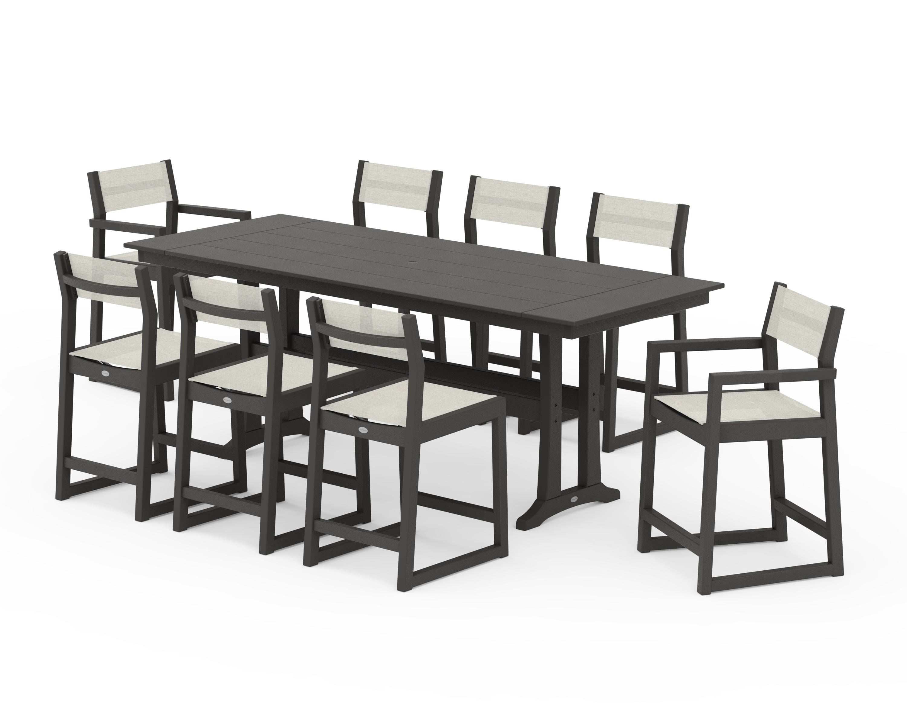 POLYWOOD EDGE Sling 9-Piece Farmhouse Counter Set with Trestle Legs in Vintage Coffee / Parchment Sling