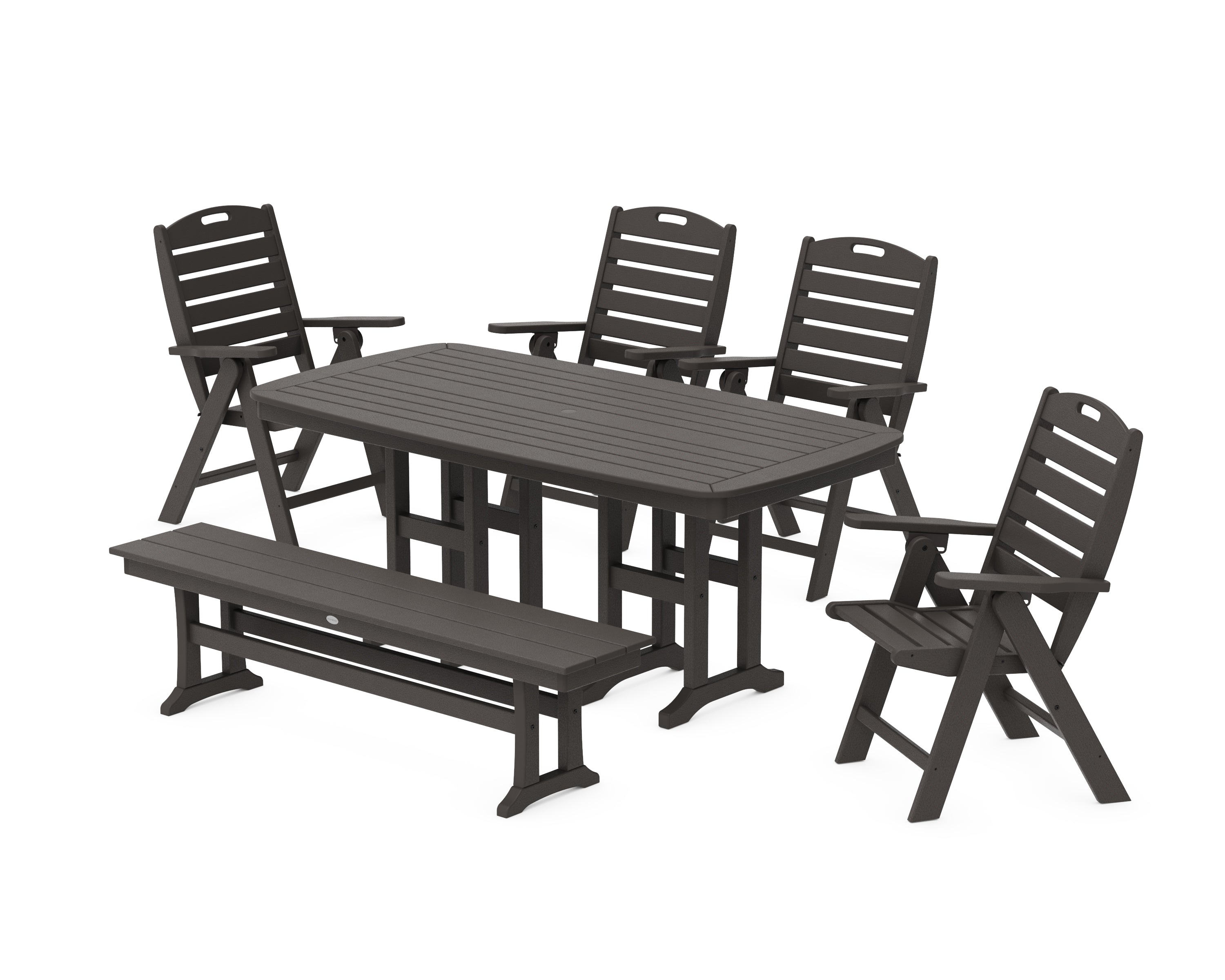 POLYWOOD Nautical Highback 6-Piece Dining Set with Bench in Vintage Coffee