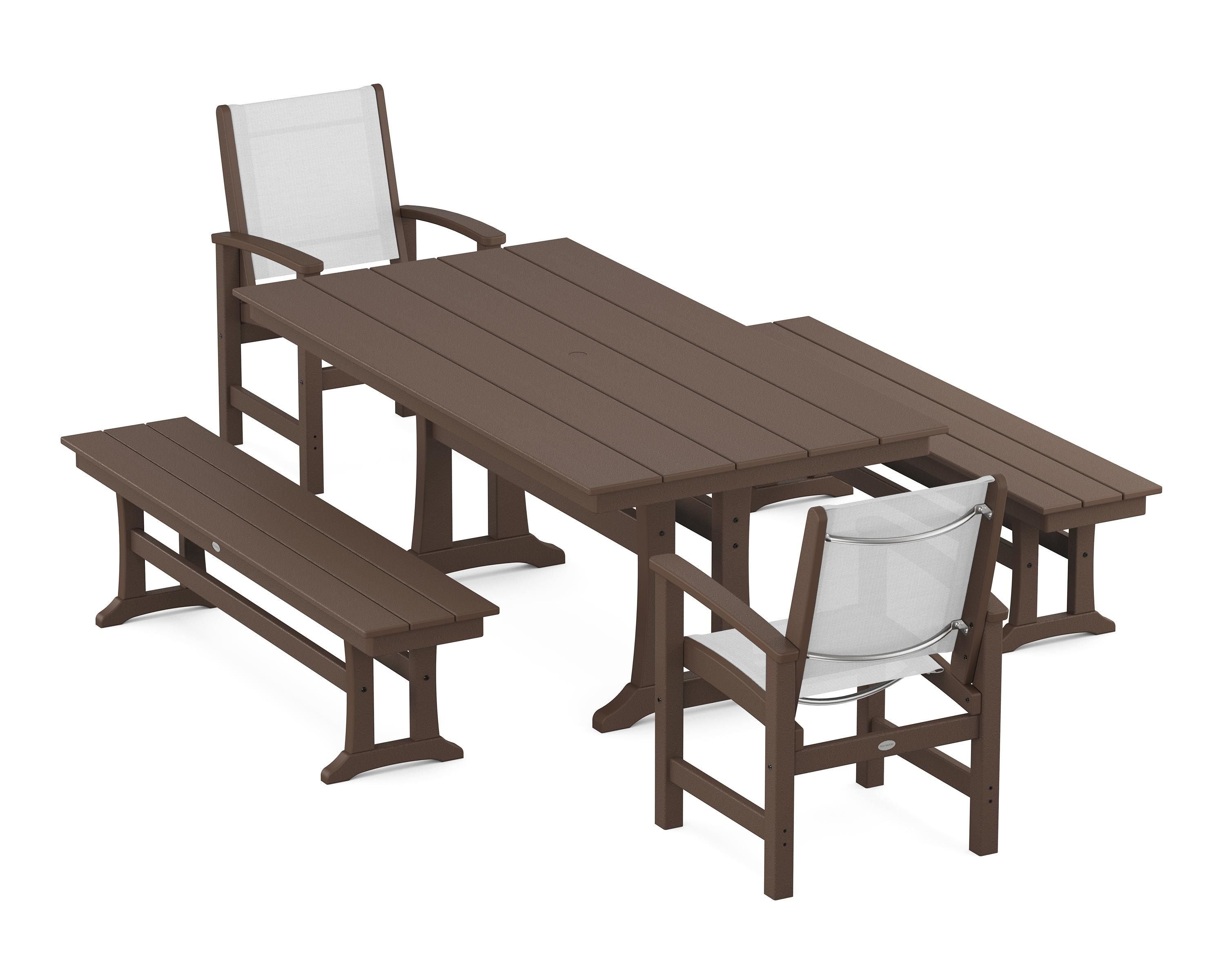 POLYWOOD Coastal 5-Piece Farmhouse Dining Set with Trestle Legs and Benches in Mahogany / White Sling