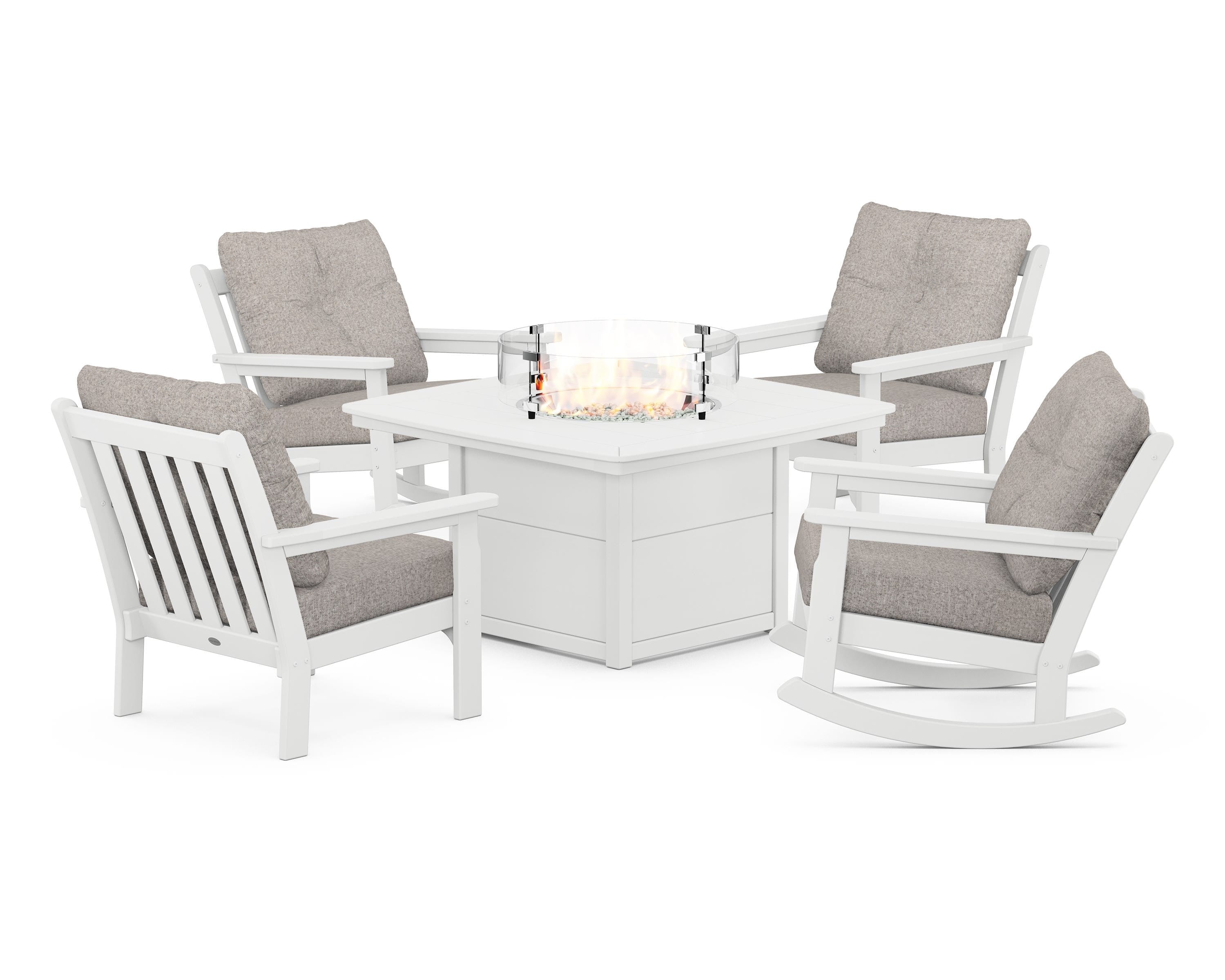 POLYWOOD Vineyard 5-Piece Deep Seating Rocking Chair Conversation Set with Fire Pit Table in White / Weathered Tweed