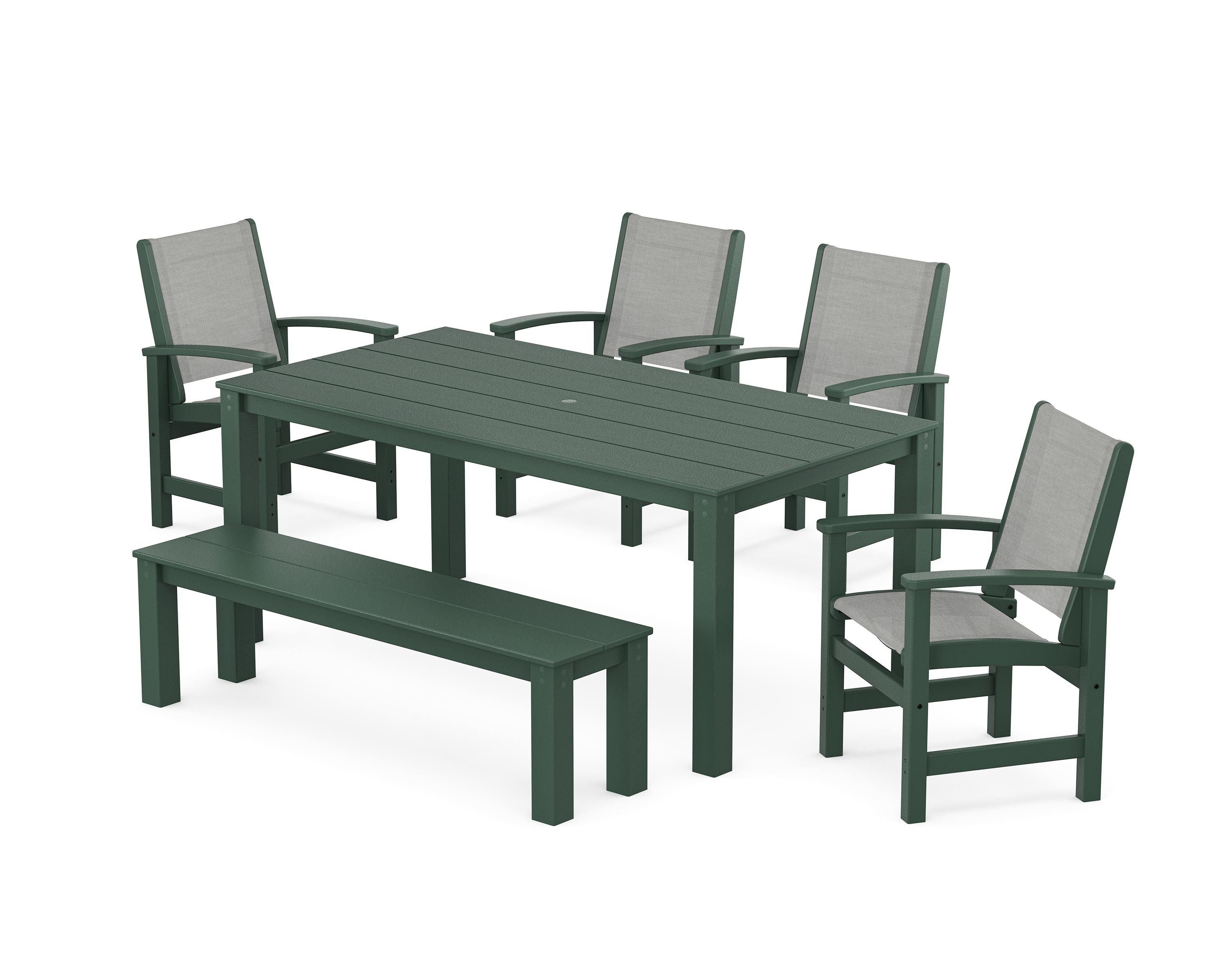 POLYWOOD Coastal 6-Piece Parsons Dining Set with Bench in Green / Metallic Sling