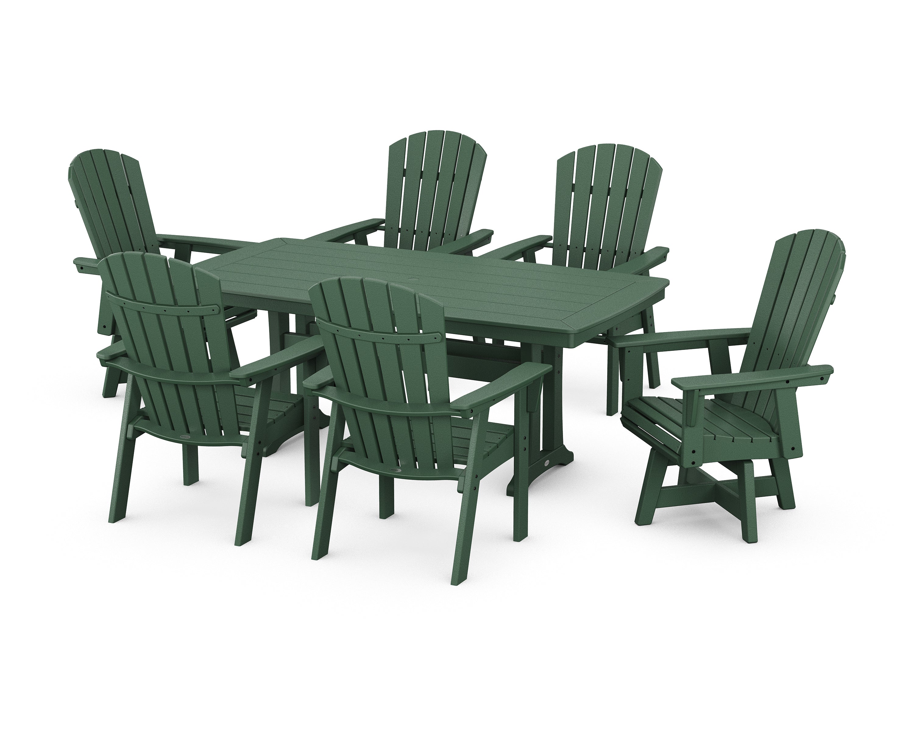 POLYWOOD® Nautical Curveback Adirondack Swivel Chair 7-Piece Dining Set with Trestle Legs in Green