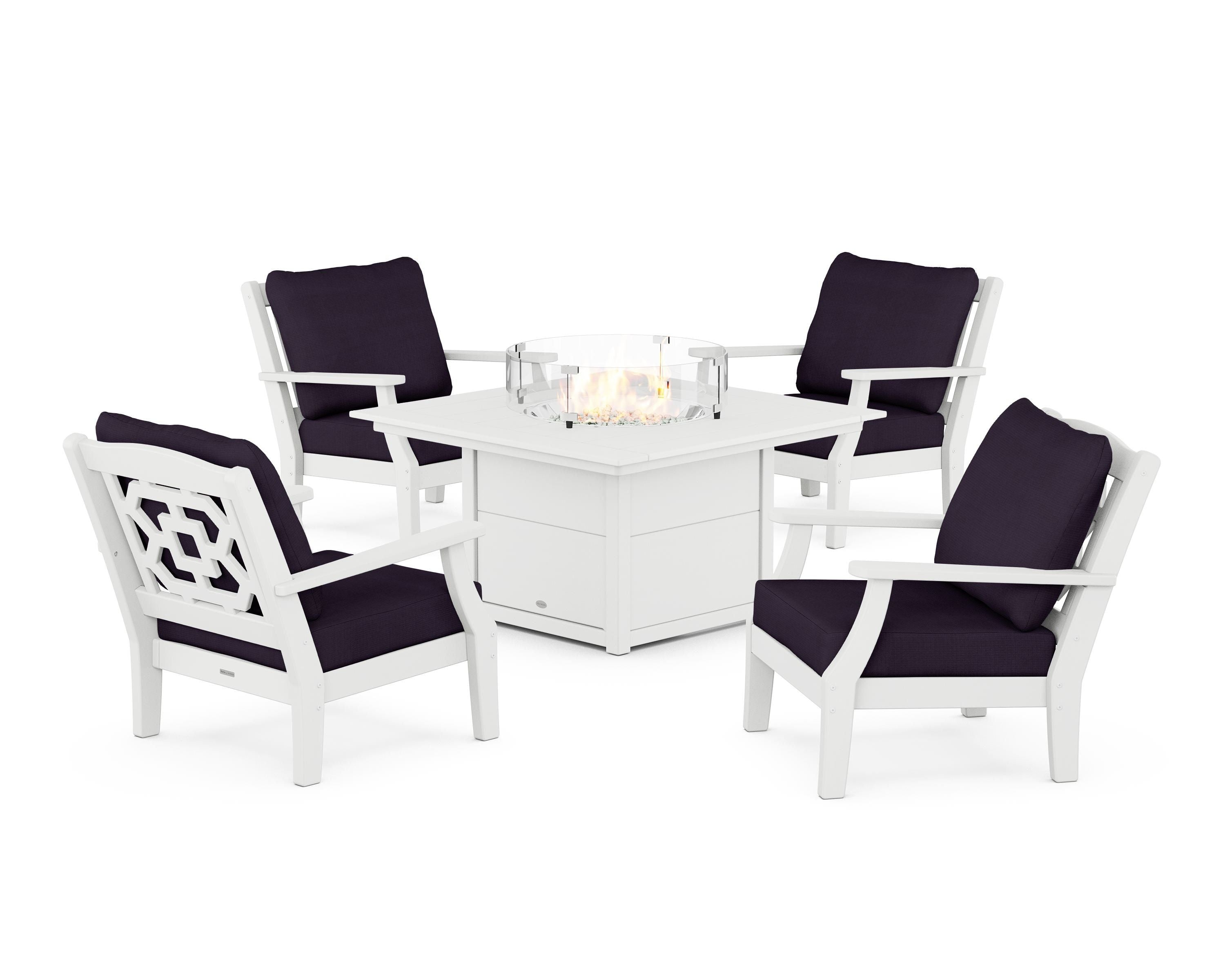 Martha Stewart by POLYWOOD Chinoiserie 5-Piece Deep Seating Set with Fire Pit Table in White / Navy Linen