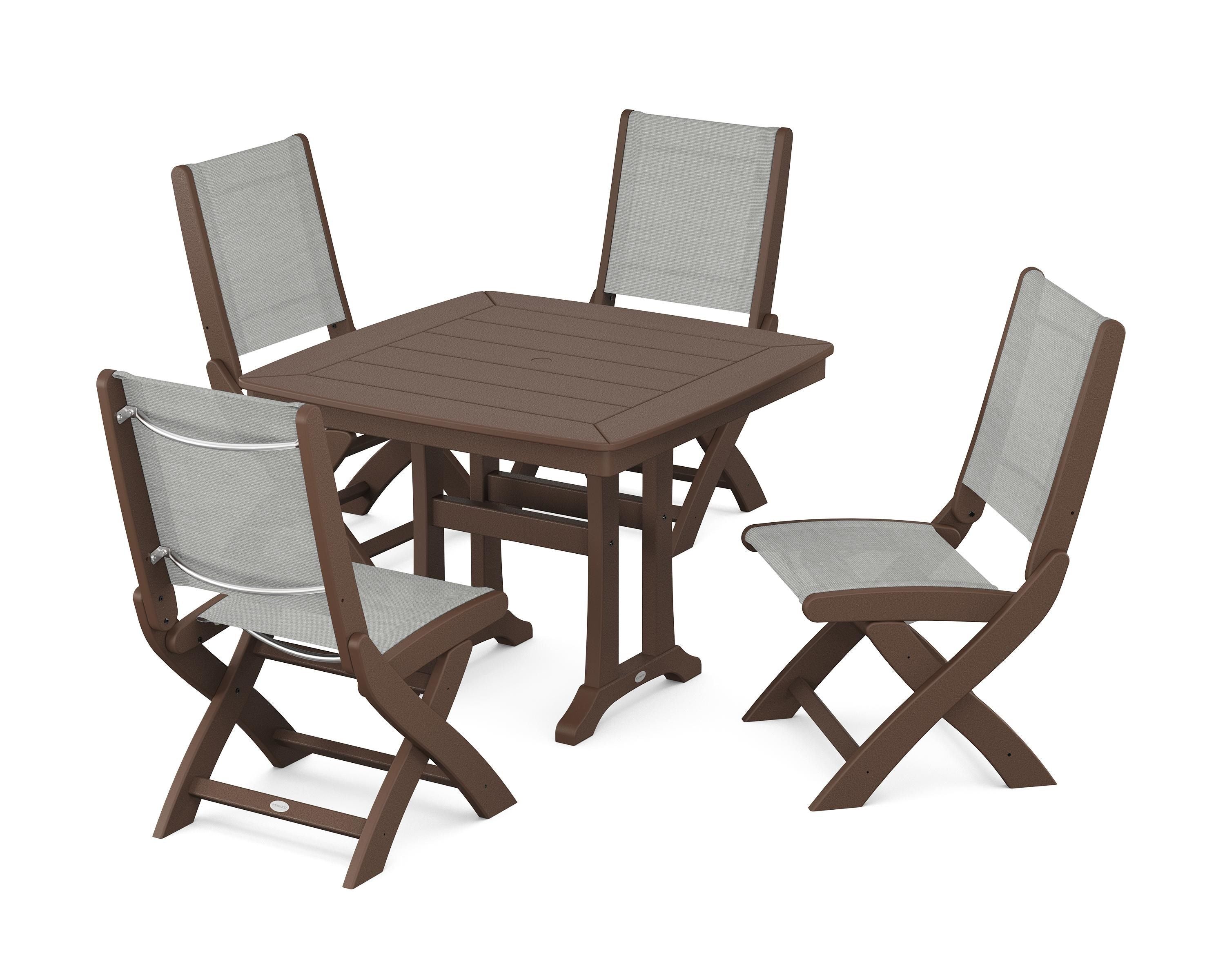 POLYWOOD Coastal Folding Side Chair 5-Piece Dining Set with Trestle Legs in Mahogany / Metallic Sling