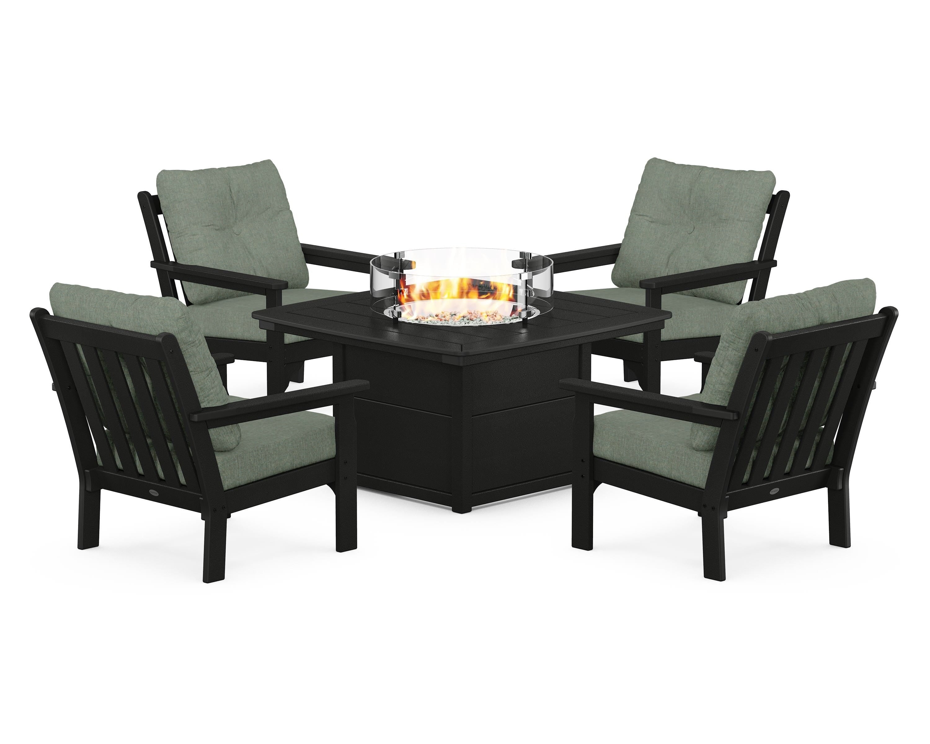 POLYWOOD Vineyard 5-Piece Conversation Set with Fire Pit Table in Black / Cast Sage