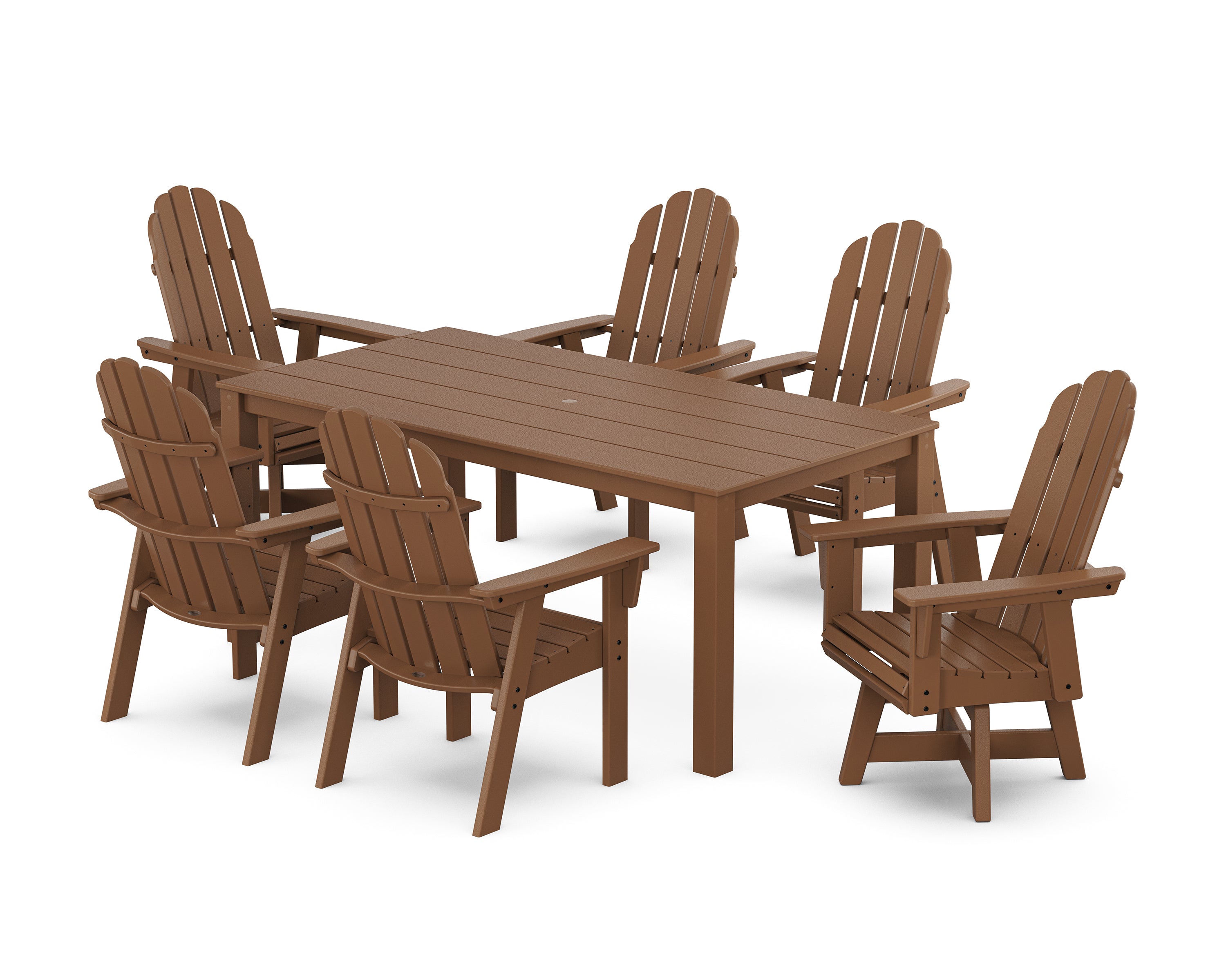 POLYWOOD® Vineyard Curveback Adirondack 7-Piece Parsons Swivel Dining Set in Teak