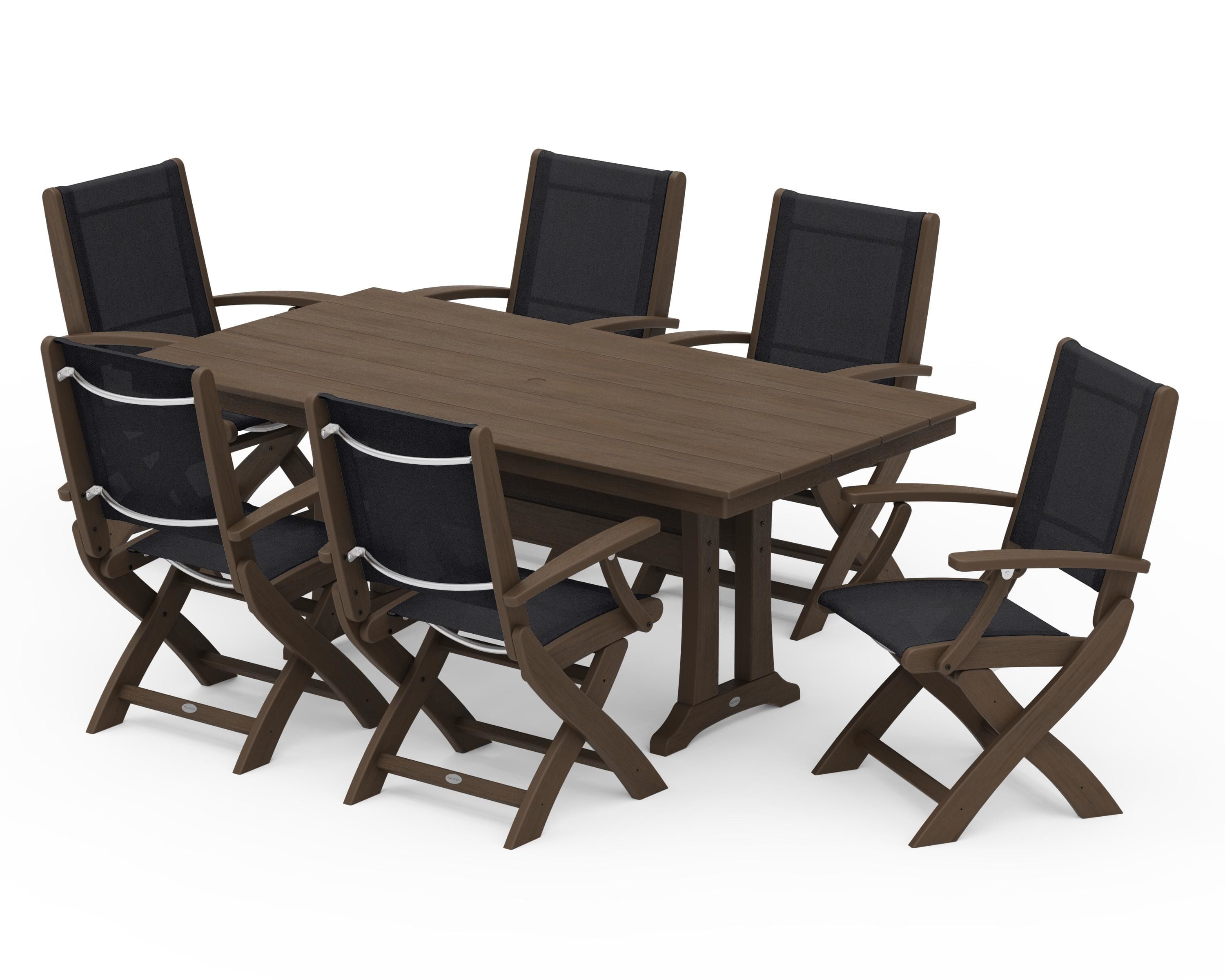 POLYWOOD Coastal Folding Arm Chair 7-Piece Farmhouse Dining Set with Trestle Legs in Kona / Black Sling