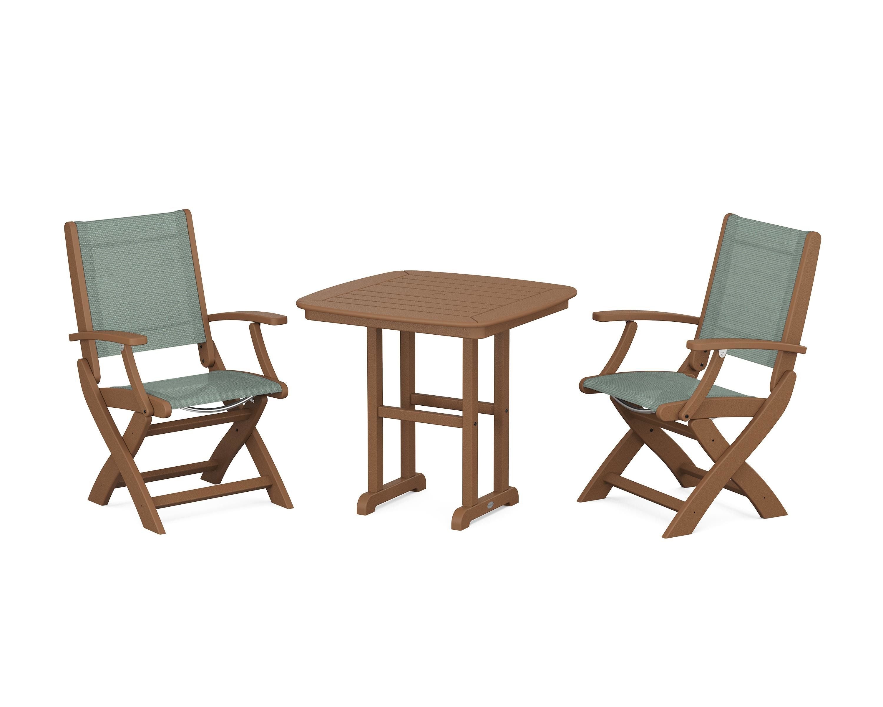 POLYWOOD Coastal Folding Chair 3-Piece Dining Set in Teak / Dupioni Sea Mist Sling