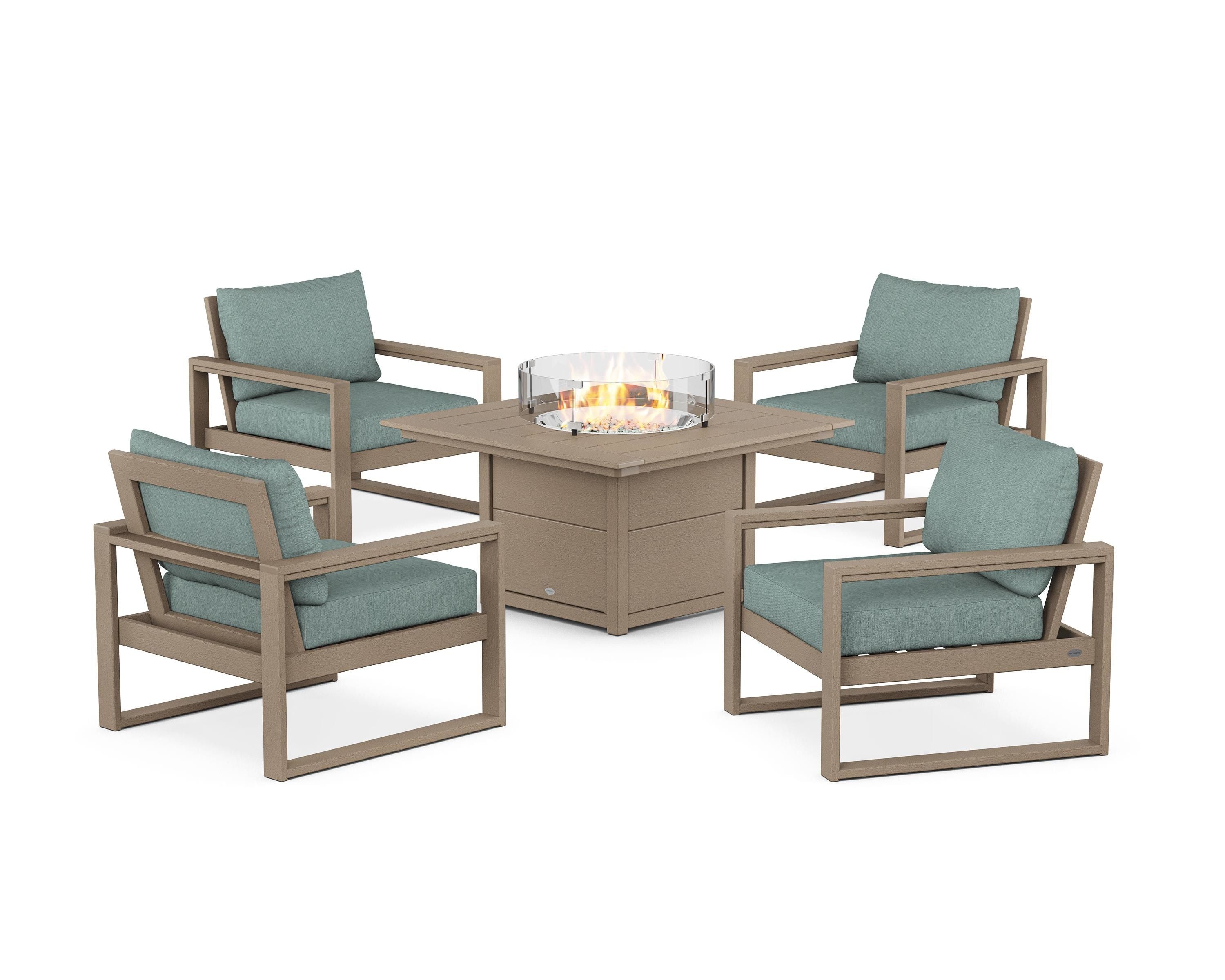 POLYWOOD EDGE Sectional 5-Piece Deep Seating Set with Fire Pit Table in Vintage Sahara / Glacier Spa