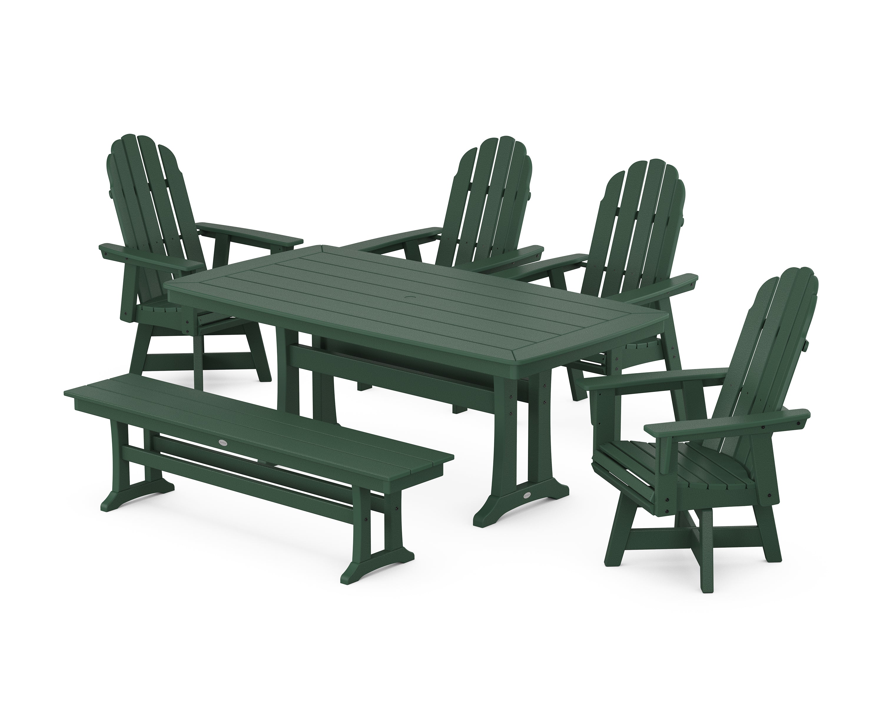 POLYWOOD® Vineyard Curveback Adirondack Swivel Chair 6-Piece Dining Set with Trestle Legs and Bench in Green