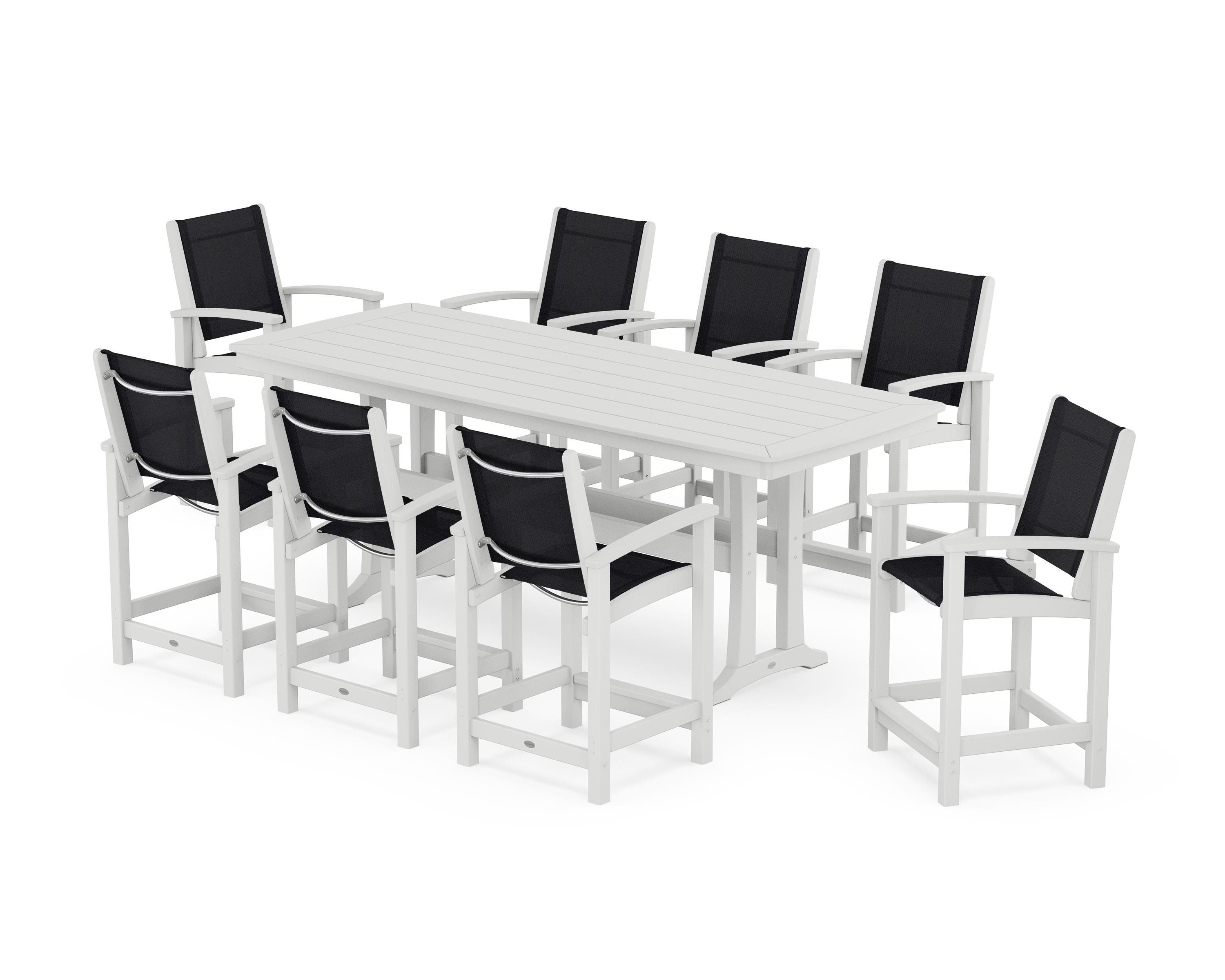 POLYWOOD Coastal 9-Piece Counter Set with Trestle Legs in White / Black Sling