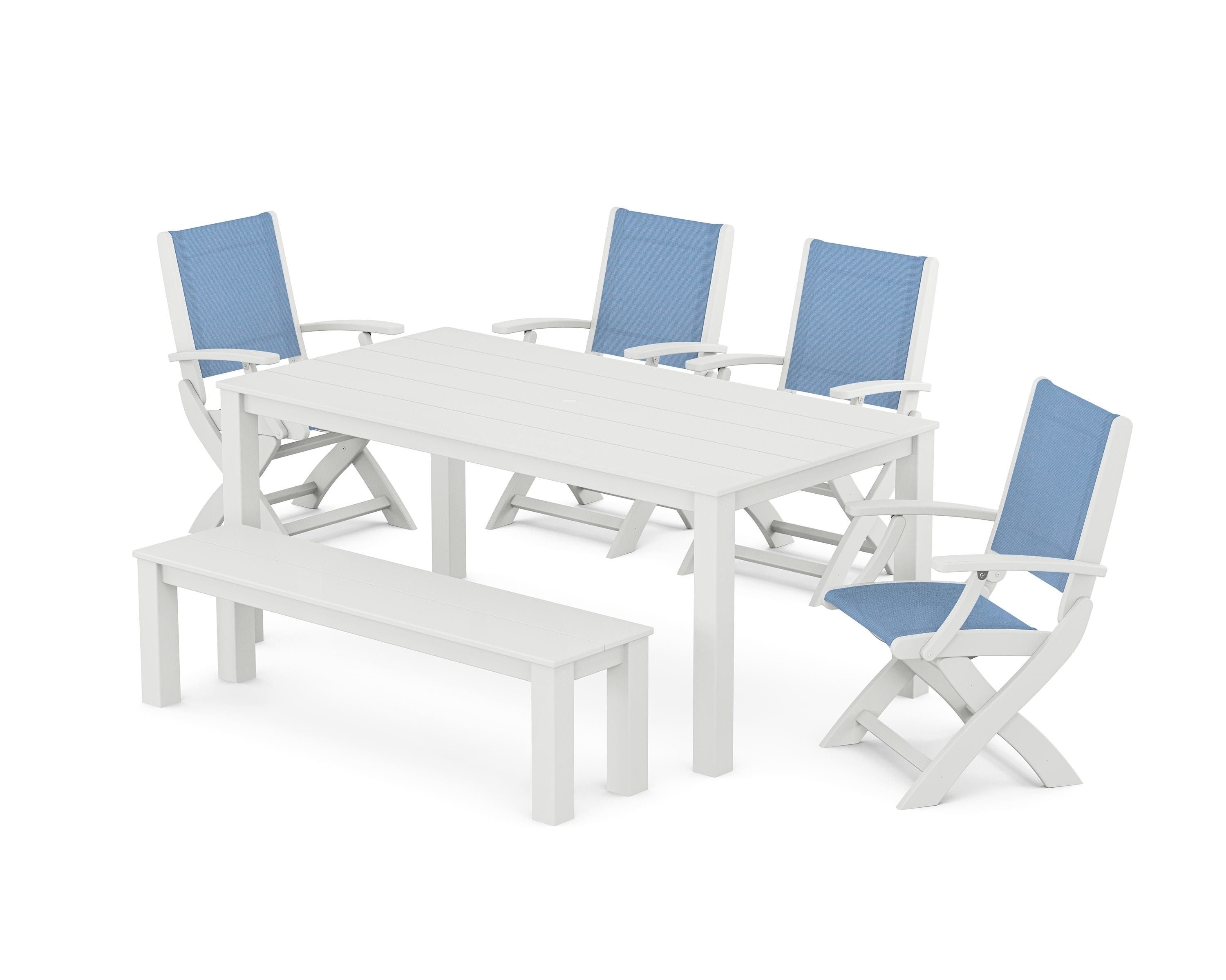 POLYWOOD Coastal Folding Chair 6-Piece Parsons Dining Set with Bench in White / Poolside Sling