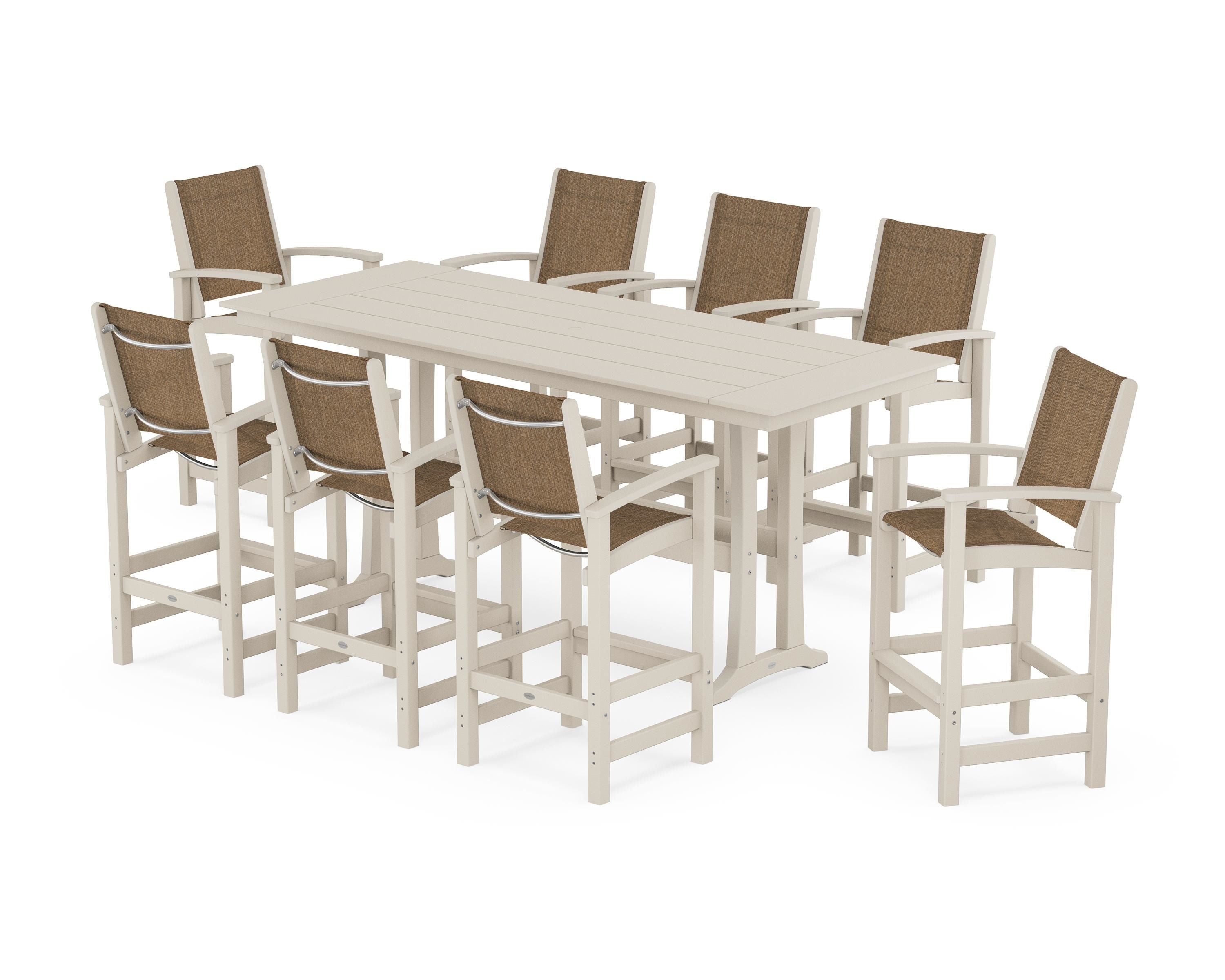 POLYWOOD Coastal 9-Piece Farmhouse Bar Set with Trestle Legs in Sand / Burlap Sling