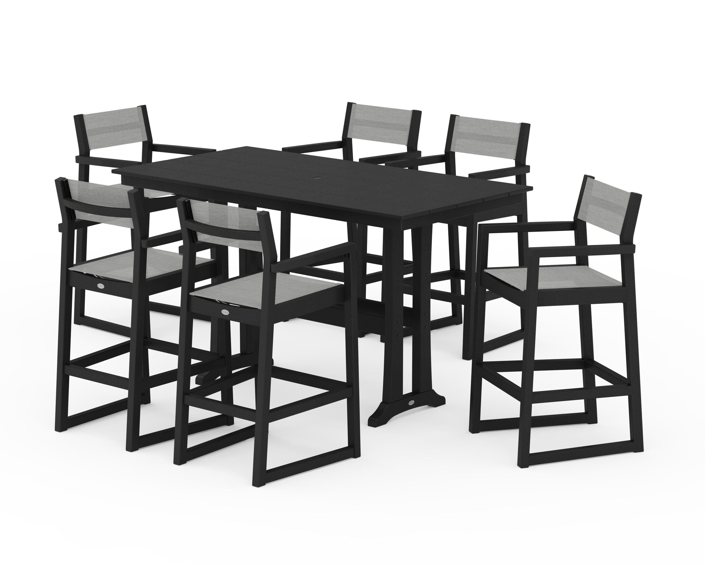 POLYWOOD EDGE Sling Arm Chair 7-Piece Farmhouse Bar Set with Trestle Legs in Black / Metallic Sling