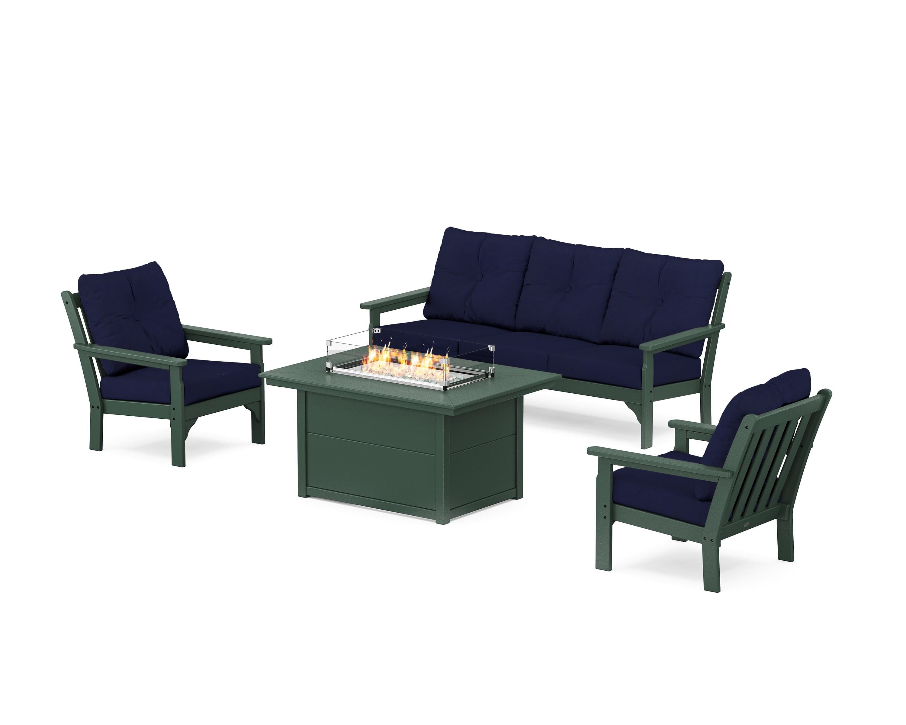 POLYWOOD Vineyard Deep Seating Fire Pit Table Set in Green / Navy