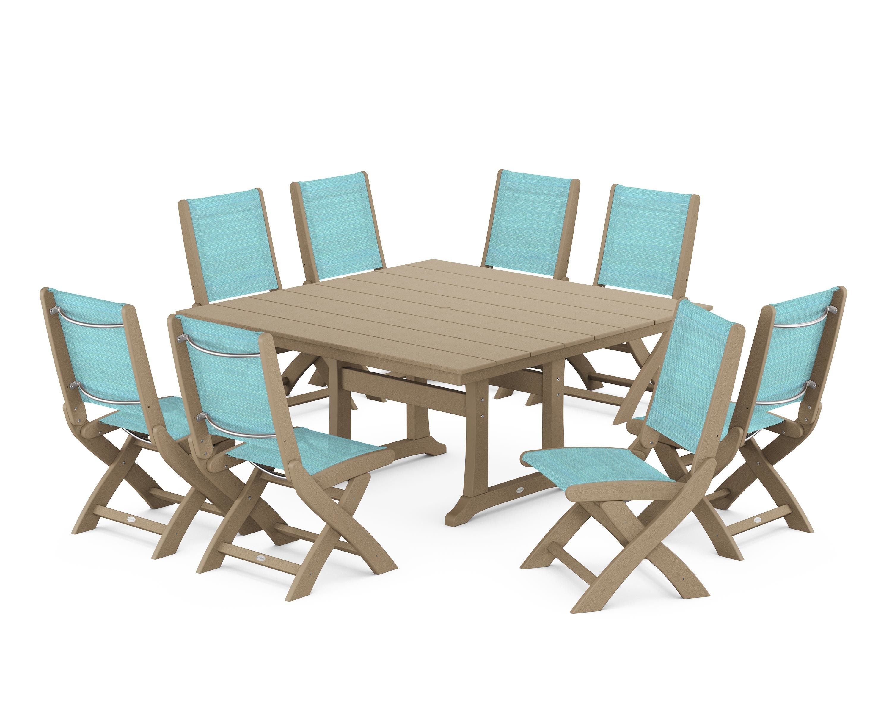 POLYWOOD Coastal Folding Side Chair 9-Piece Farmhouse Dining Set in Vintage Sahara / Dupioni Aquamarine Sling