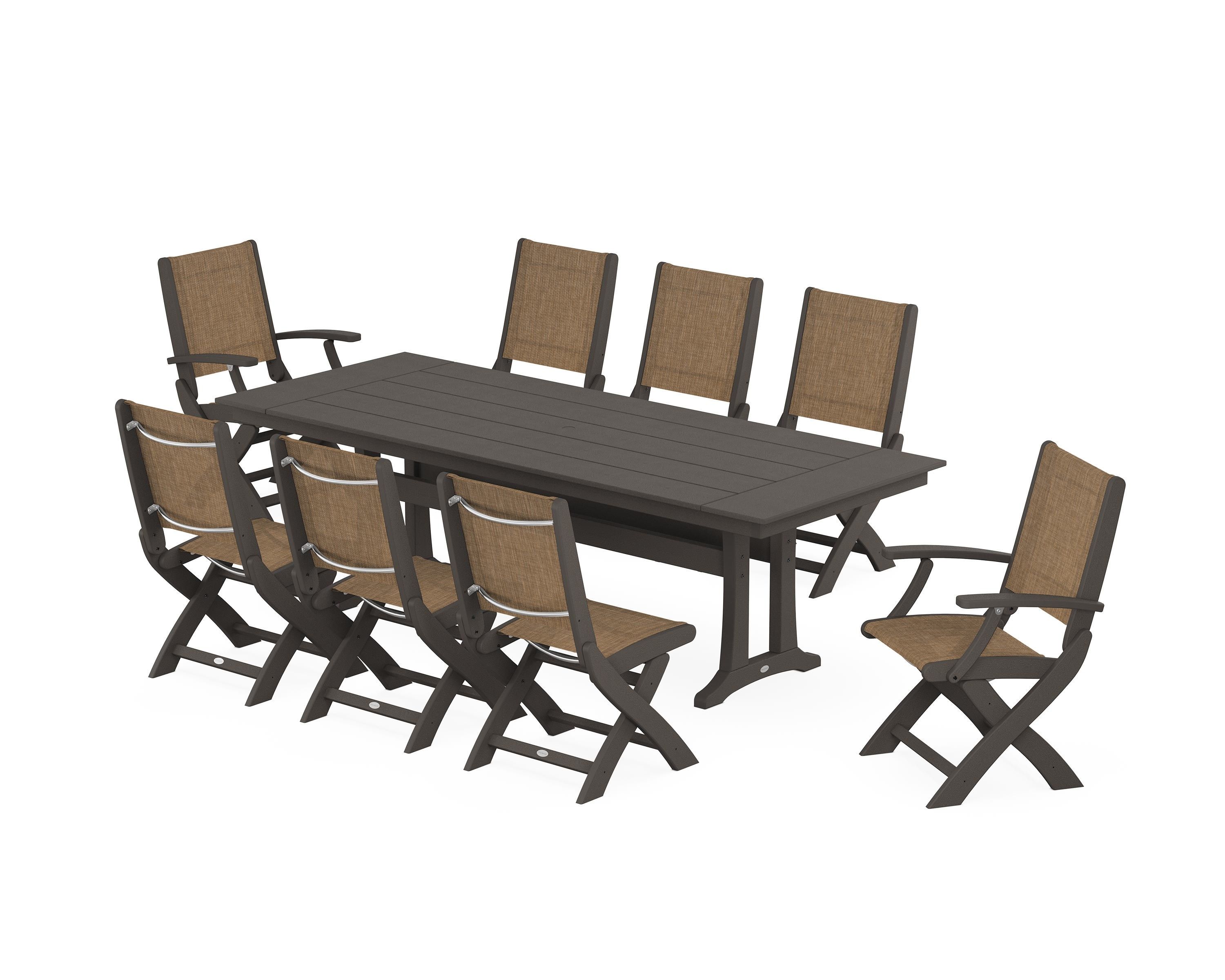 POLYWOOD Coastal 9-Piece Folding Dining Chair Farmhouse Dining Set with Trestle Legs in Vintage Coffee / Burlap Sling