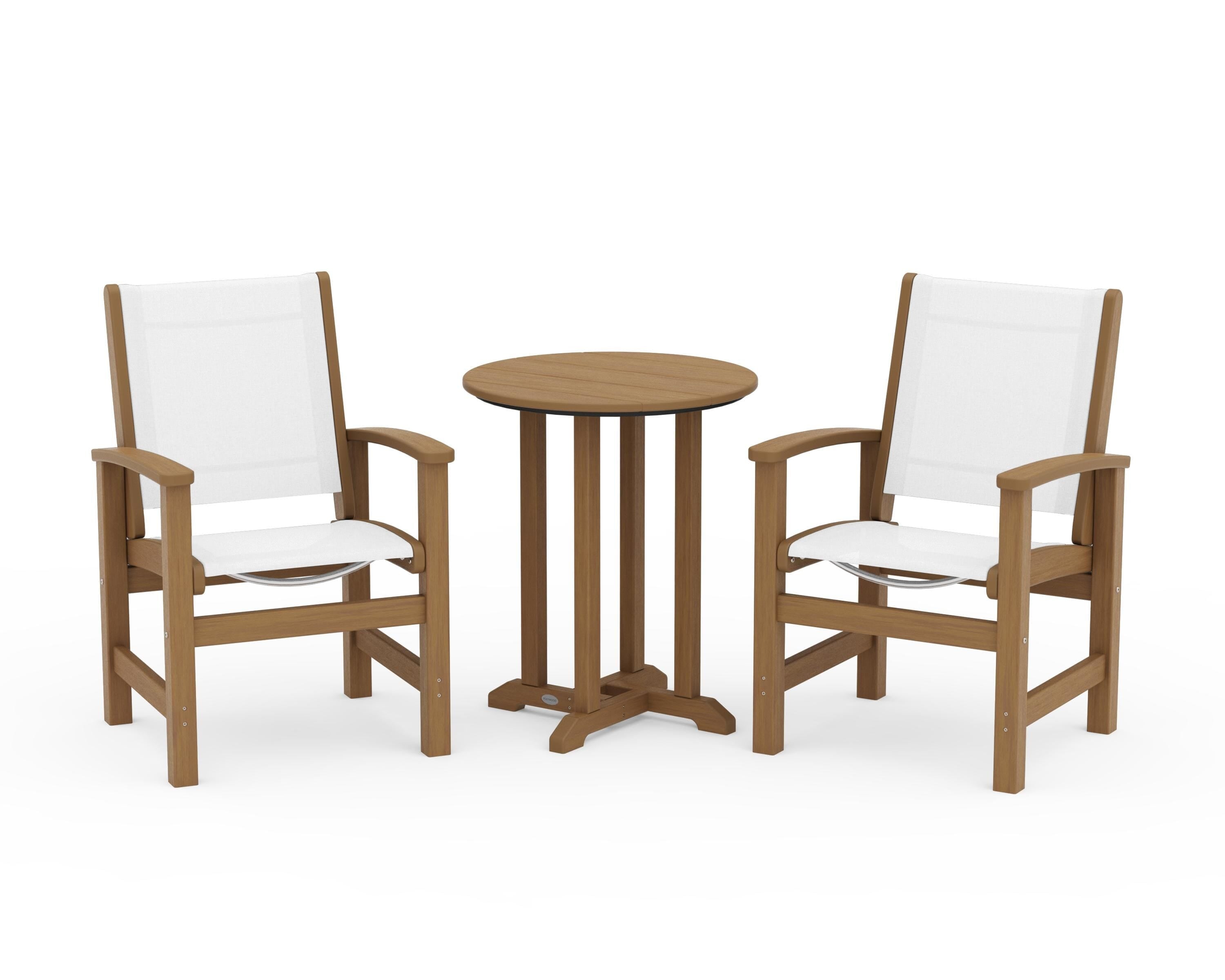POLYWOOD Coastal 3-Piece Round Bistro Dining Set in Natural / White Sling