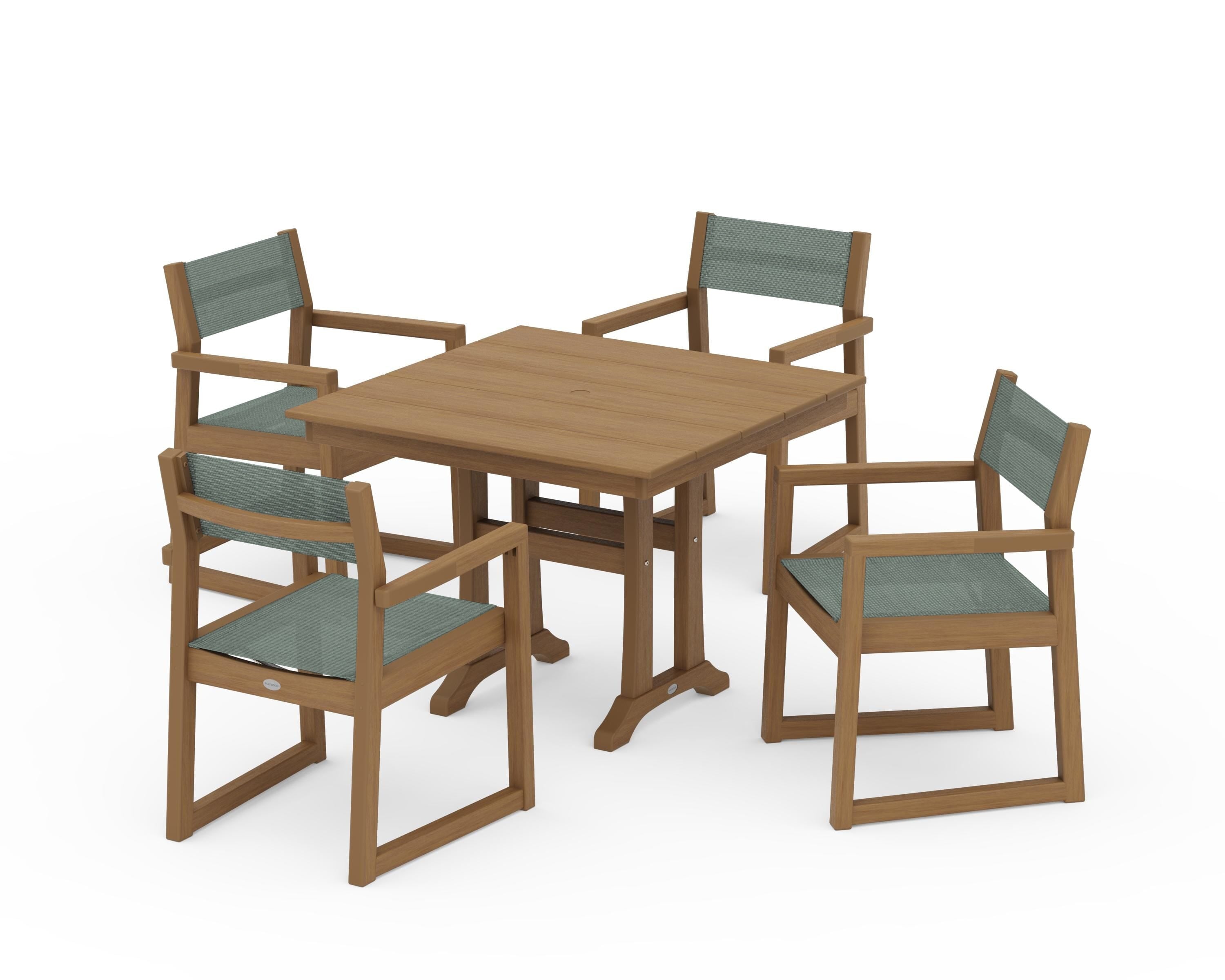 POLYWOOD EDGE Sling 5-Piece Farmhouse Dining Set with Trestle Legs in Natural / Dupioni Sea Mist Sling