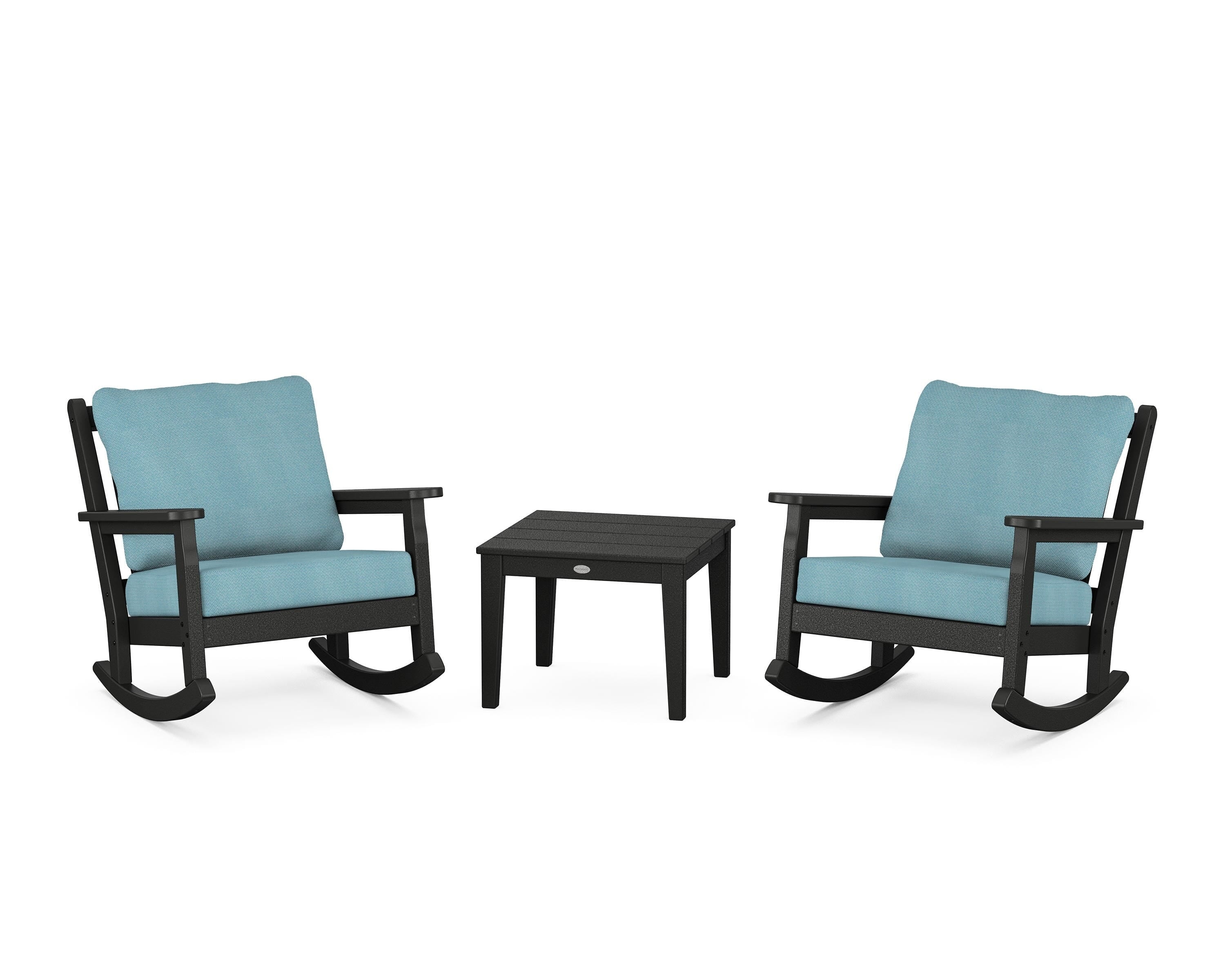 POLYWOOD Chippendale 3-Piece Deep Seating Rocker Set in Black / Lattice Sky Blue
