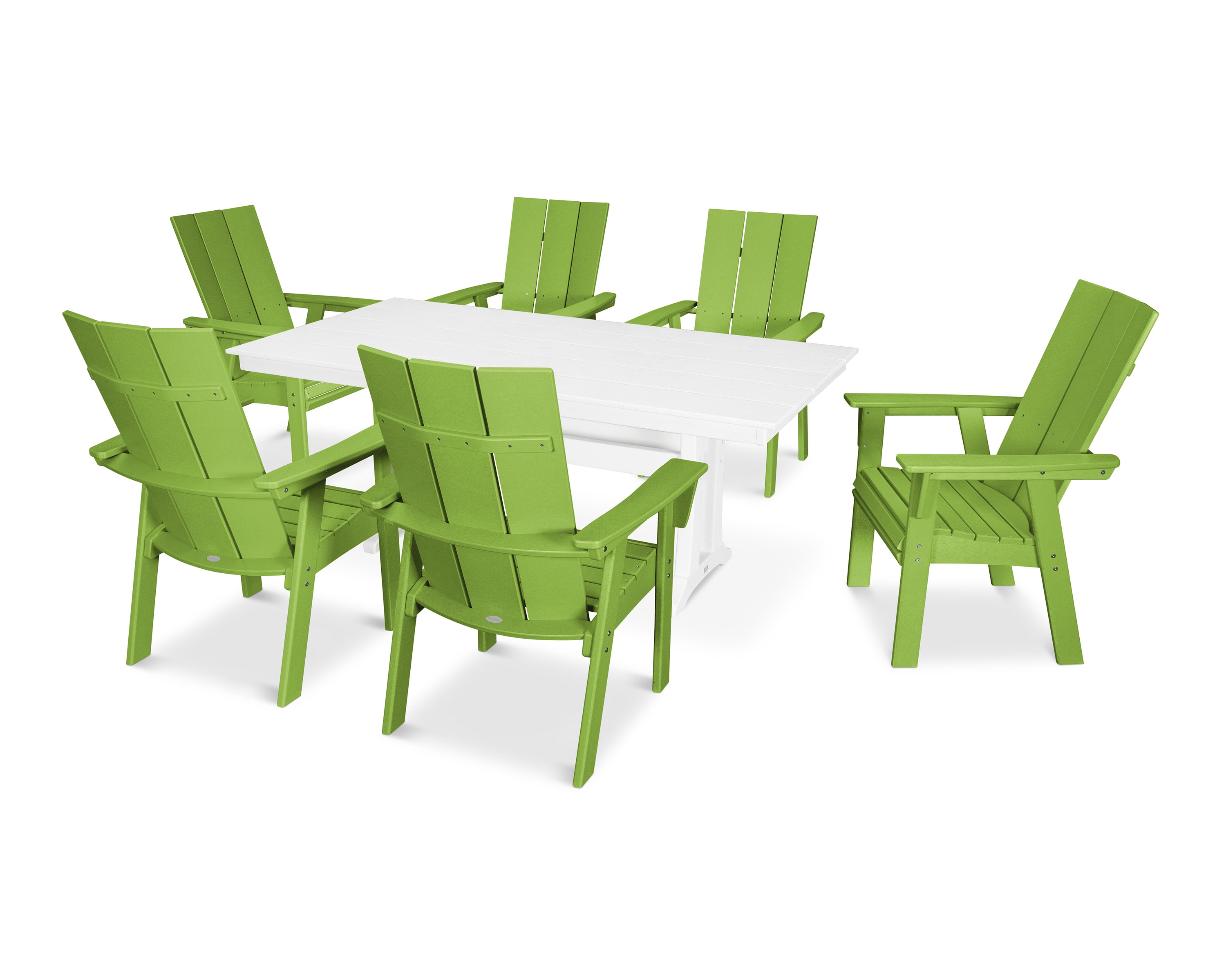 POLYWOOD® Modern Curveback Adirondack 7-Piece Farmhouse Dining Set with Trestle Legs in Lime / White