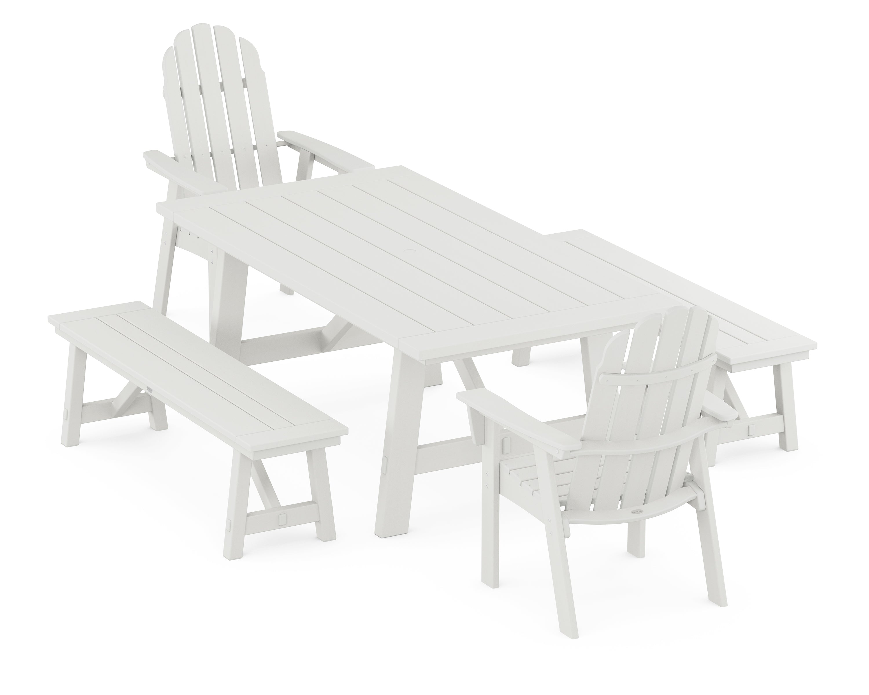 POLYWOOD® Vineyard Curveback Adirondack 5-Piece Rustic Farmhouse Dining Set With Benches in Vintage White